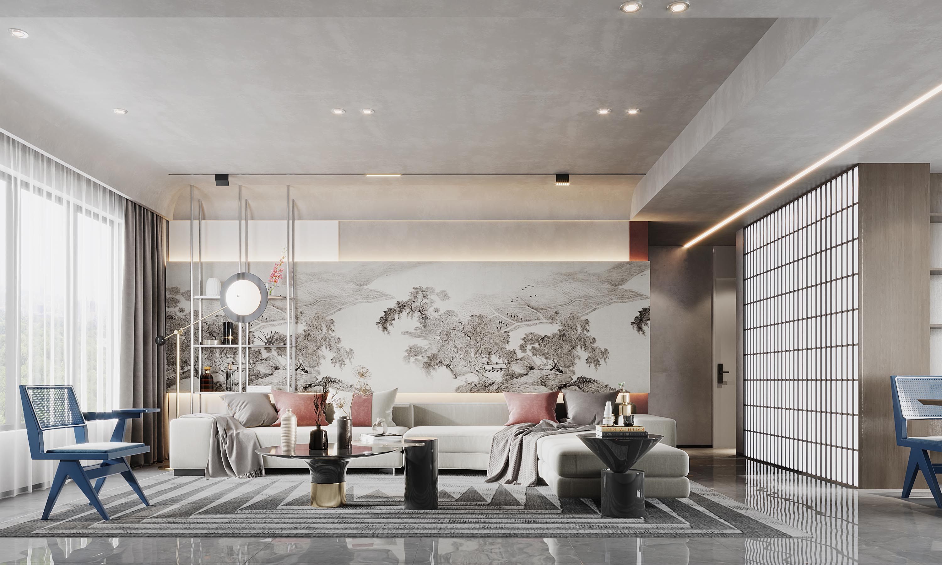 现代新中式客厅，转角沙发3d模型下载