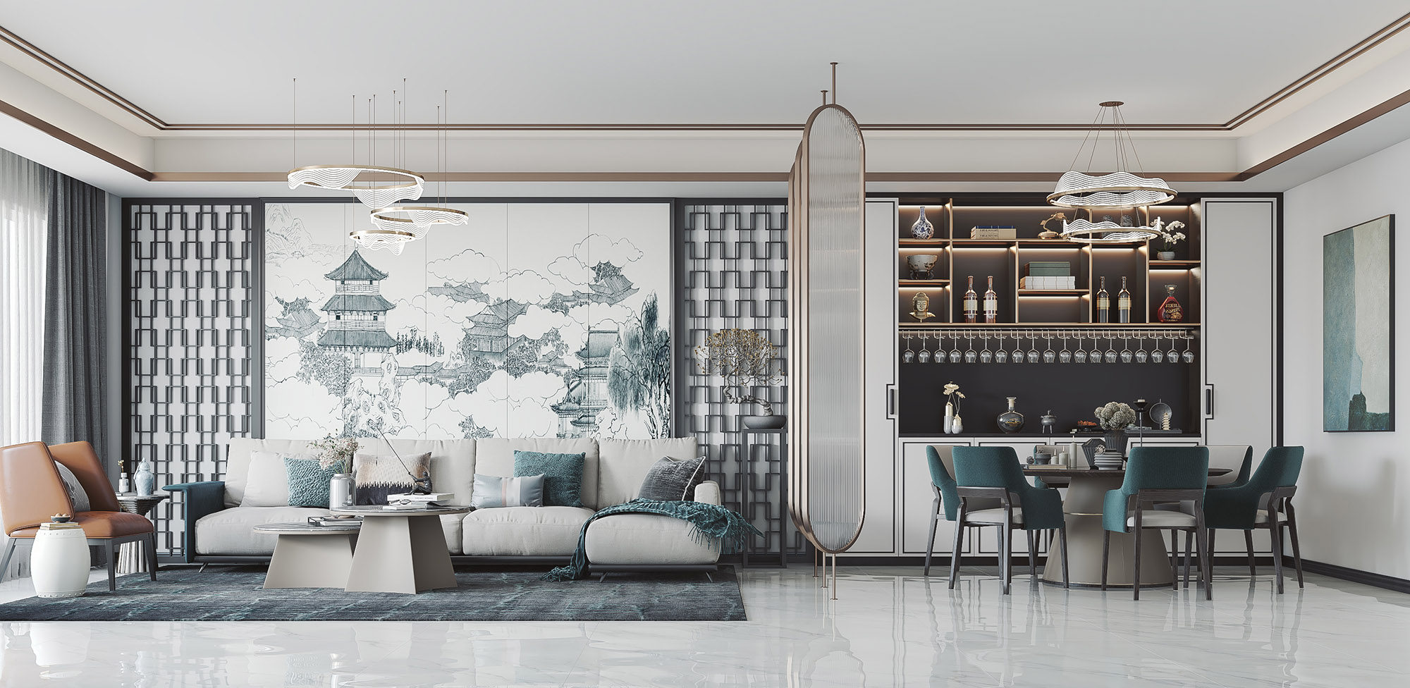 新中式风格客厅餐厅，转角沙发， 3d模型下载