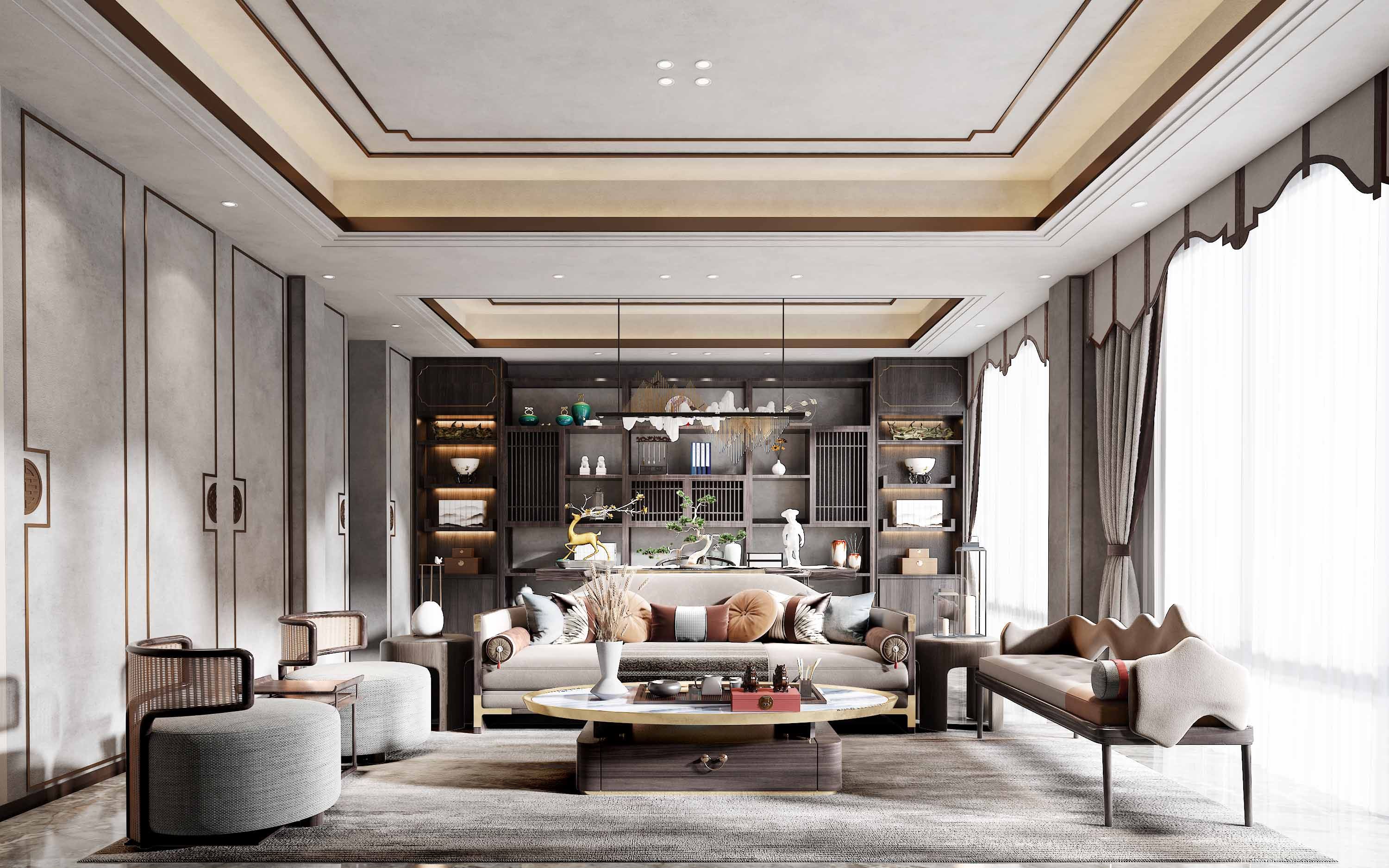 新中式客厅，沙发组合 3d模型下载