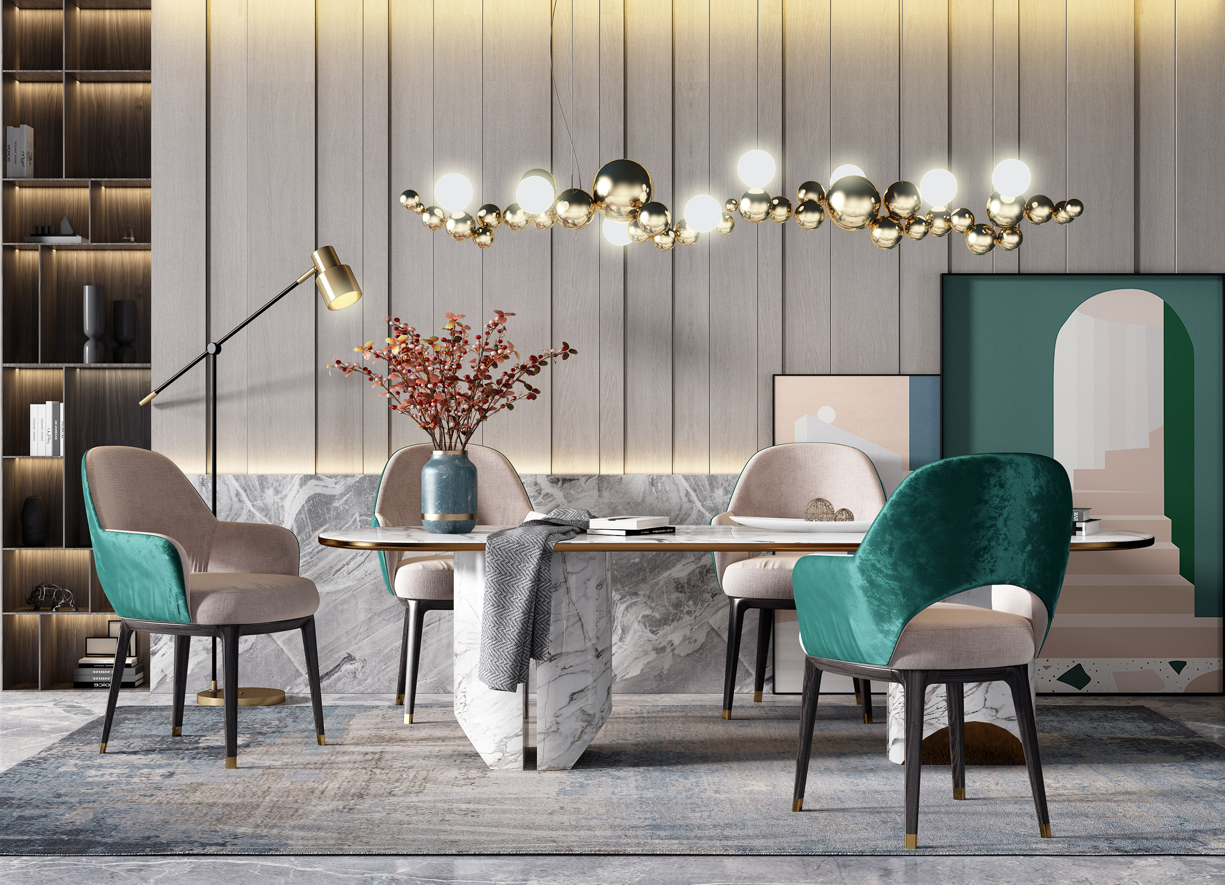 现代轻奢，简欧式时尚餐桌椅，长条吊灯3d模型下载