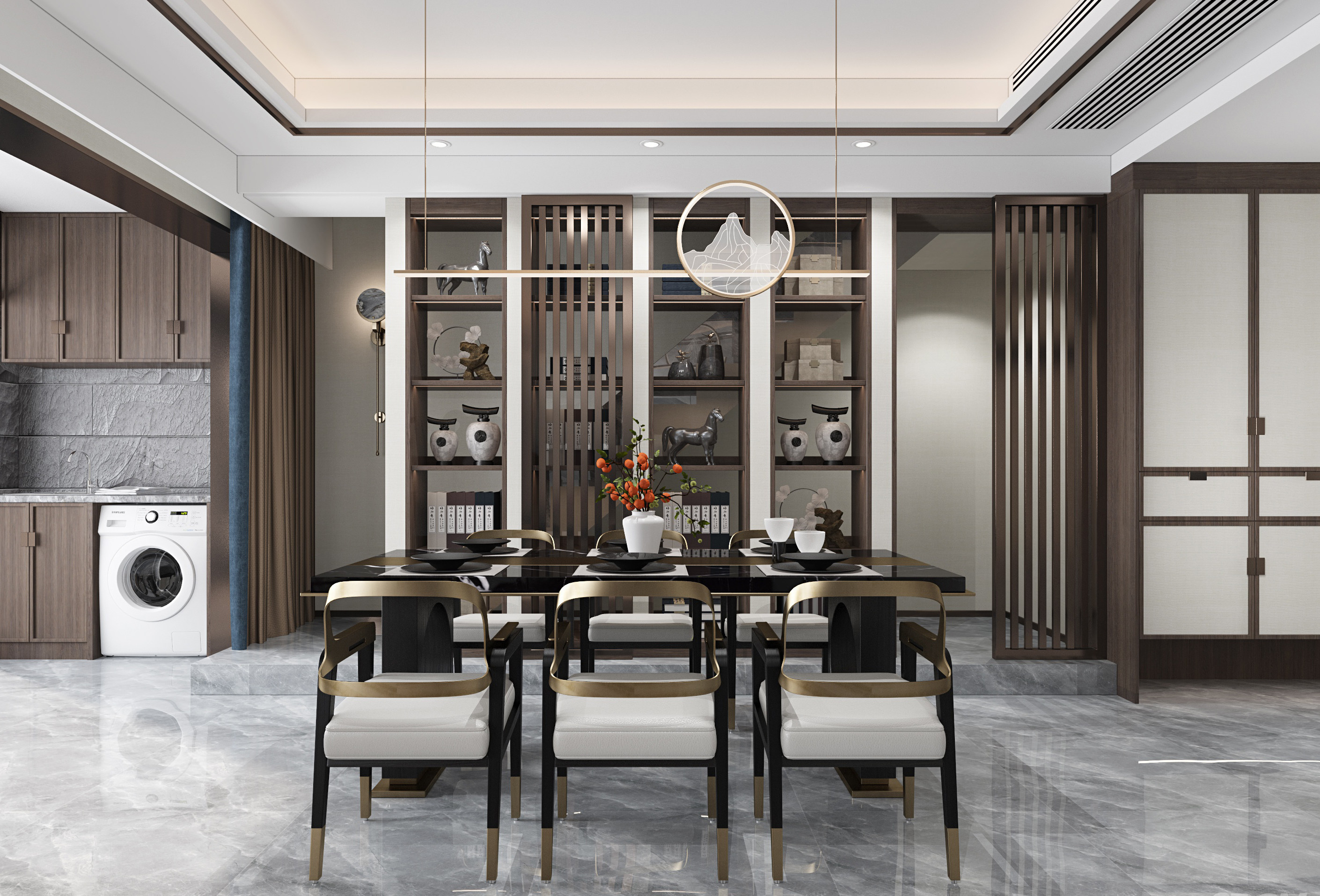 新中式餐厅餐桌椅3d模型下载