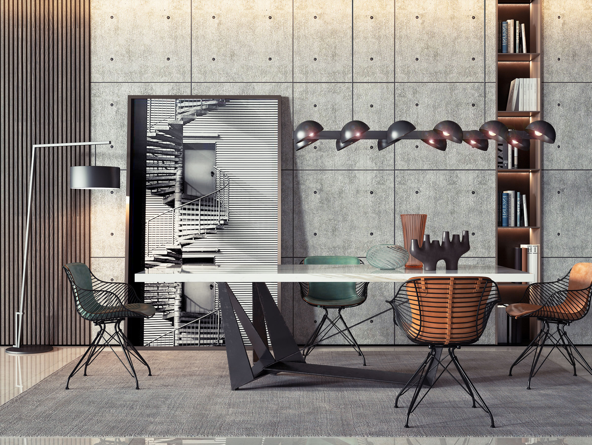 现代工业风餐桌椅，吊灯3d模型下载