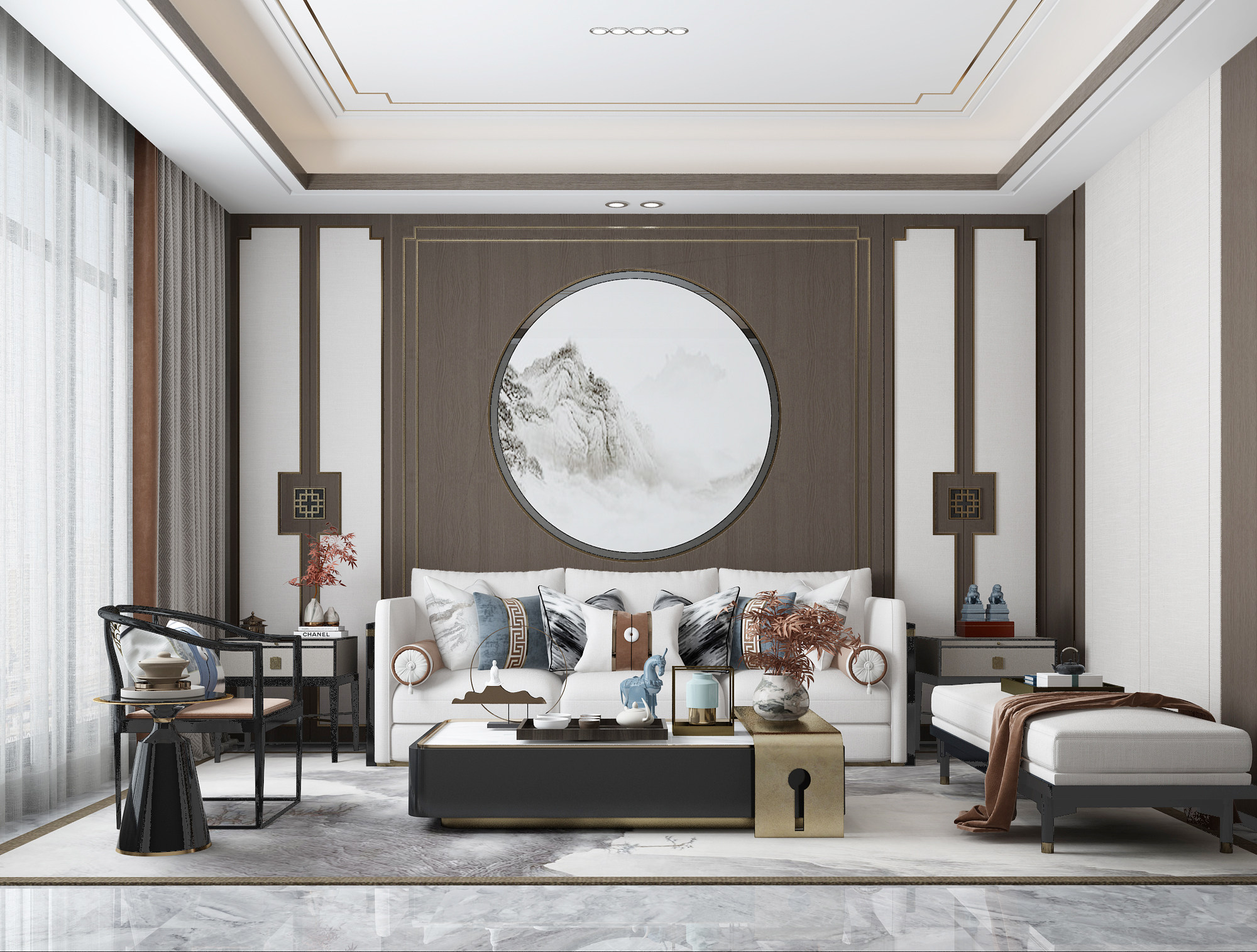 新中式客厅，沙发茶几摆件3d模型下载