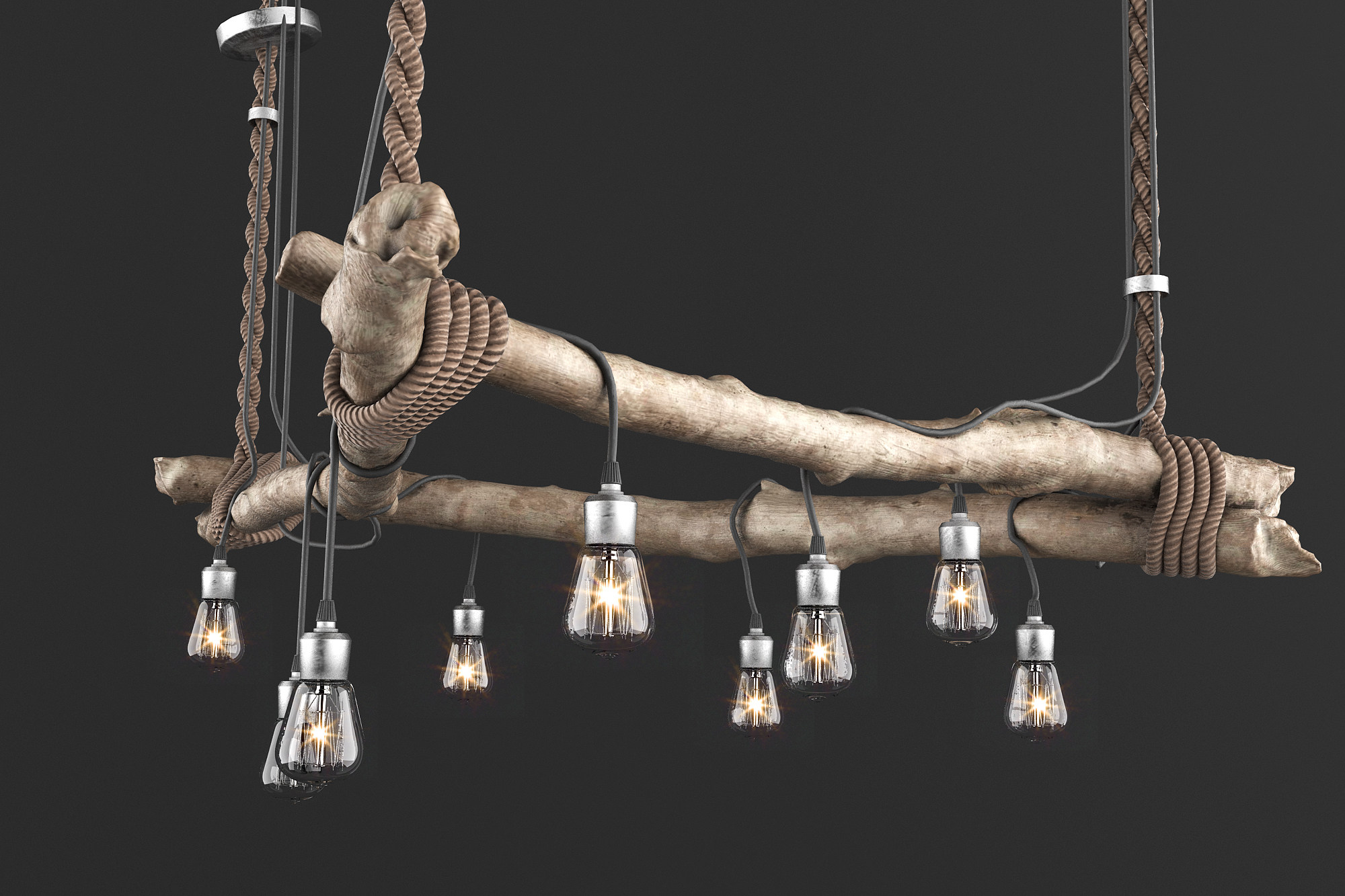 工业LOFT树枝，麻绳灯泡吊灯3d模型下载