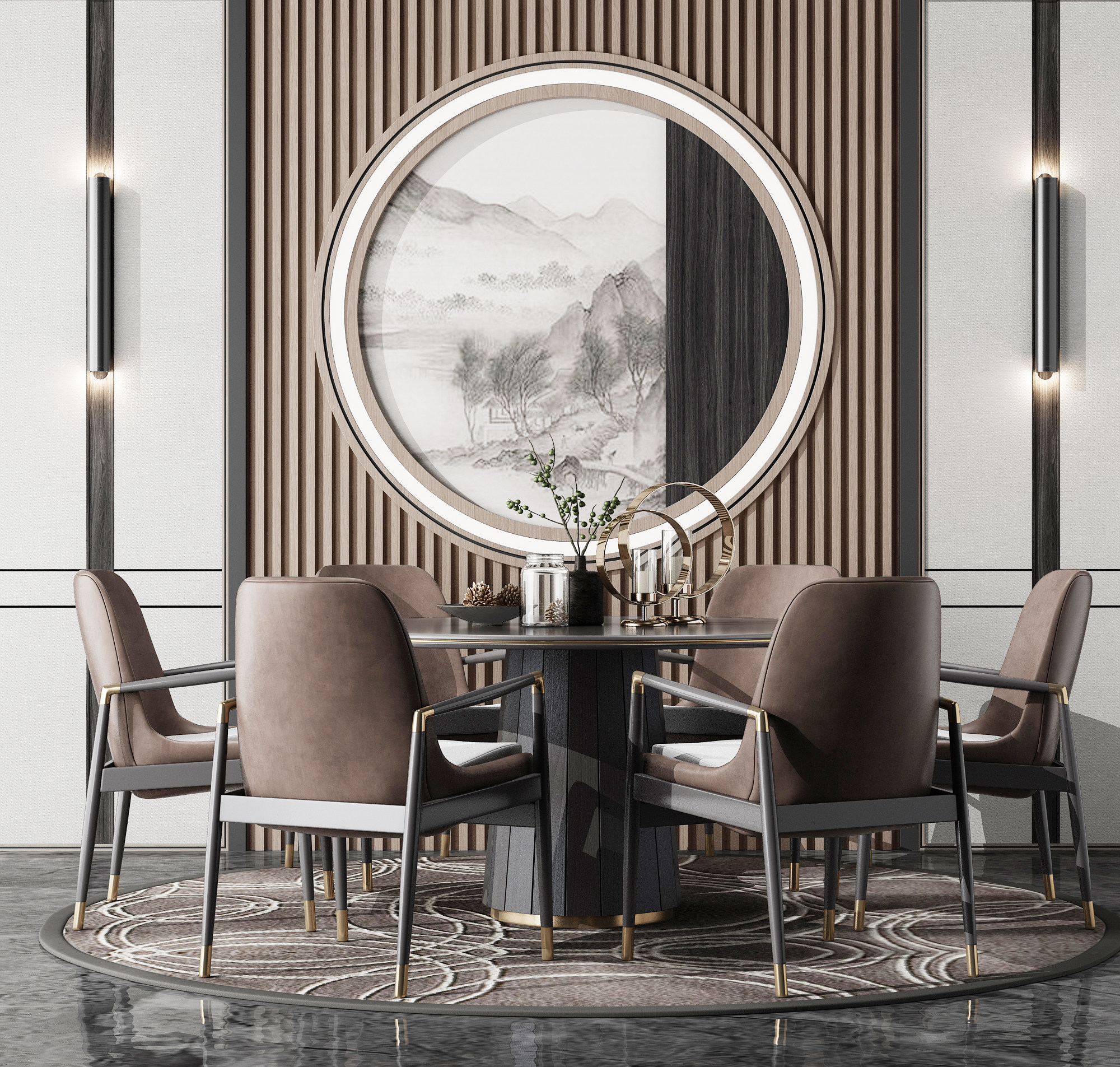 新中式现代轻奢圆形餐桌椅子3d模型下载