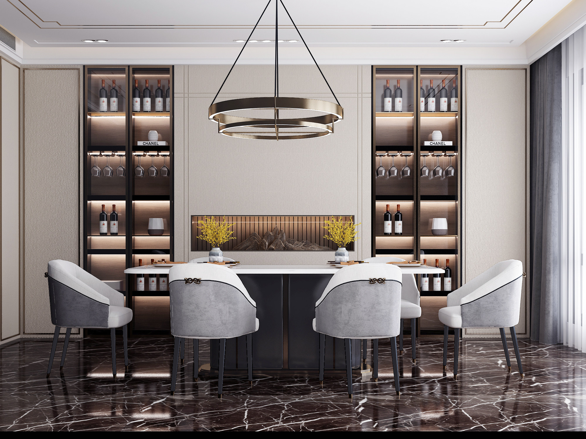 现代轻奢新中式餐厅，餐桌椅子酒柜3d模型下载
