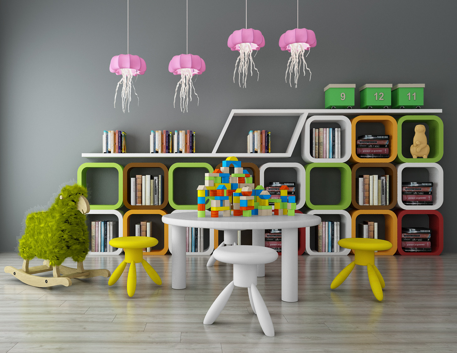 儿童桌椅绵阳座椅摇椅书架水母造型吊灯3d模型下载