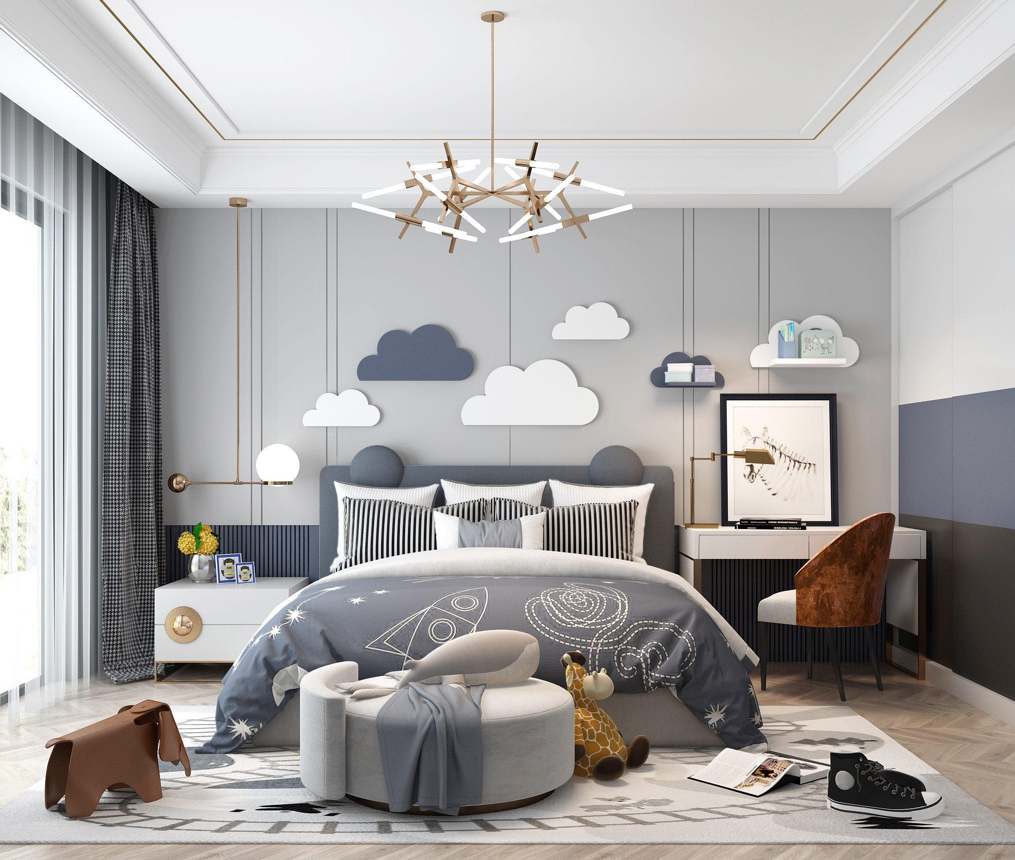 北欧现代儿童房男孩房卧室双人床云朵造型， 3d模型下载