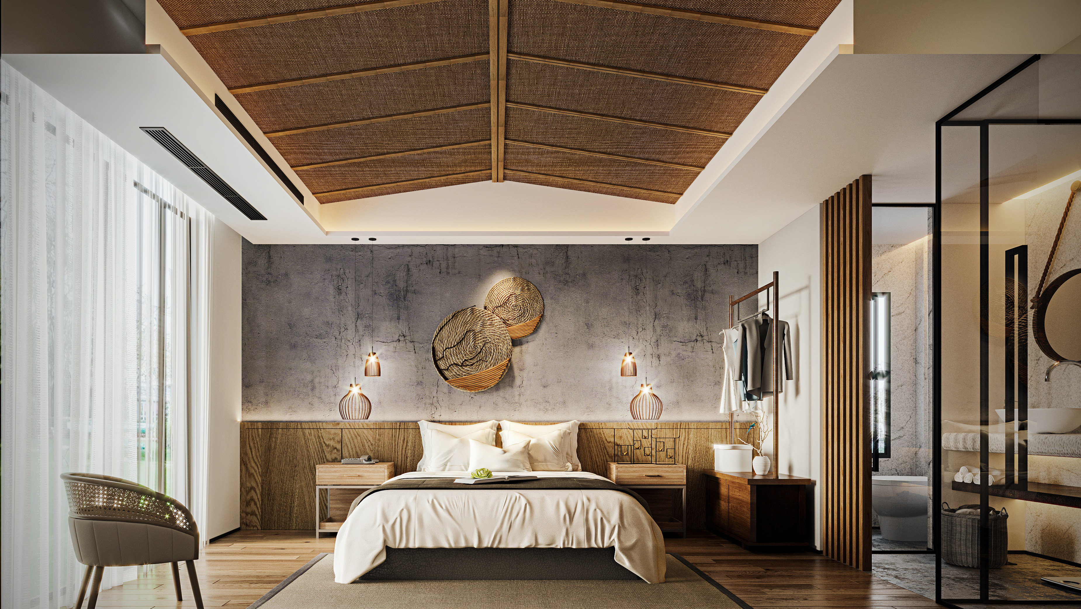 新中式自然风民宿酒店客房卧室 3d模型下载