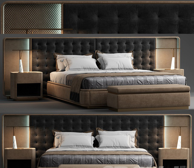 后现代新中式藤编皮革软包双人床床头柜3d模型下载