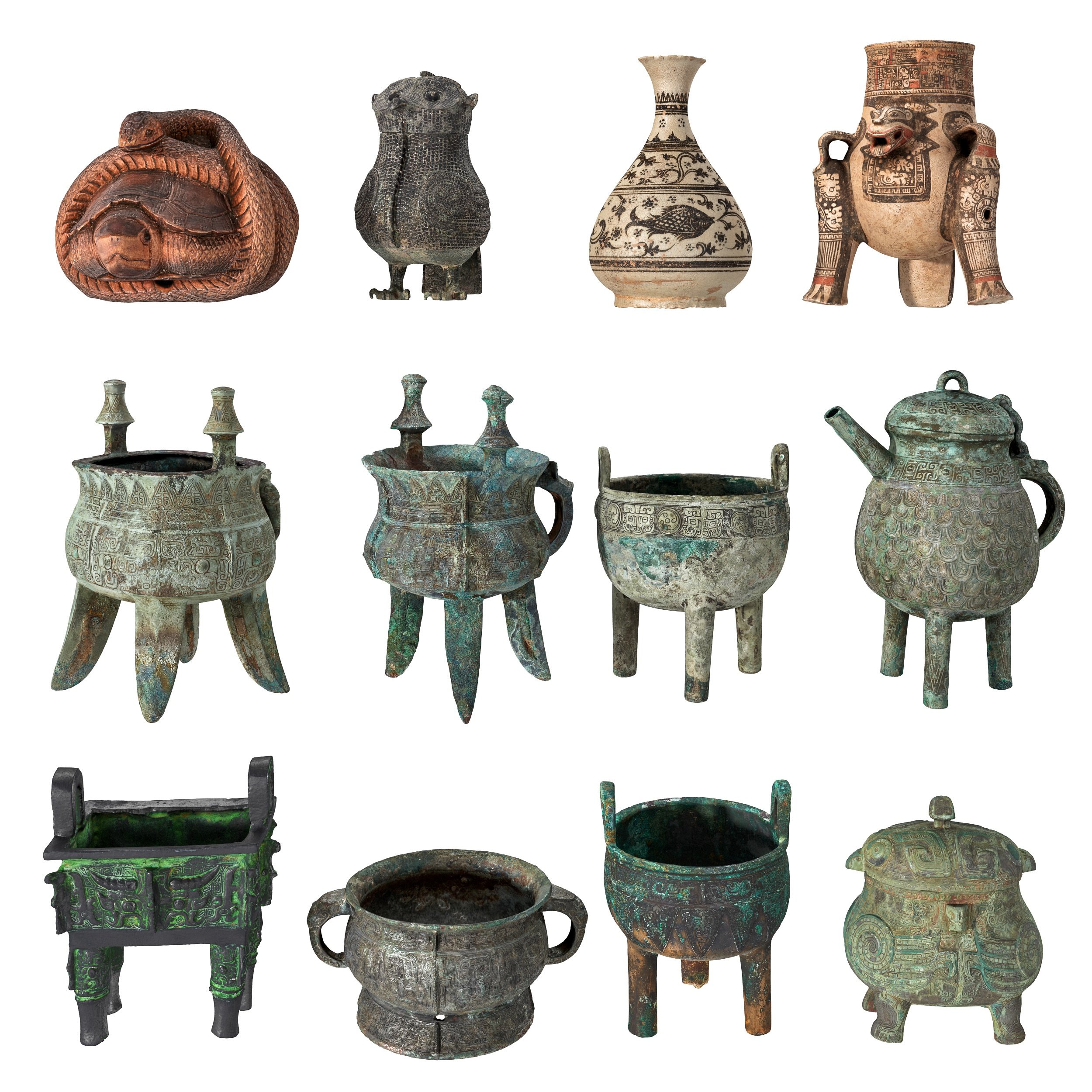 古董文物青铜器皿，宝鼎，陶罐摆件组合3d模型下载