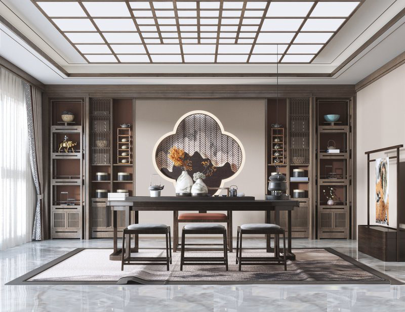 新中式风格茶室书房，书桌椅茶台书柜3d模型下载