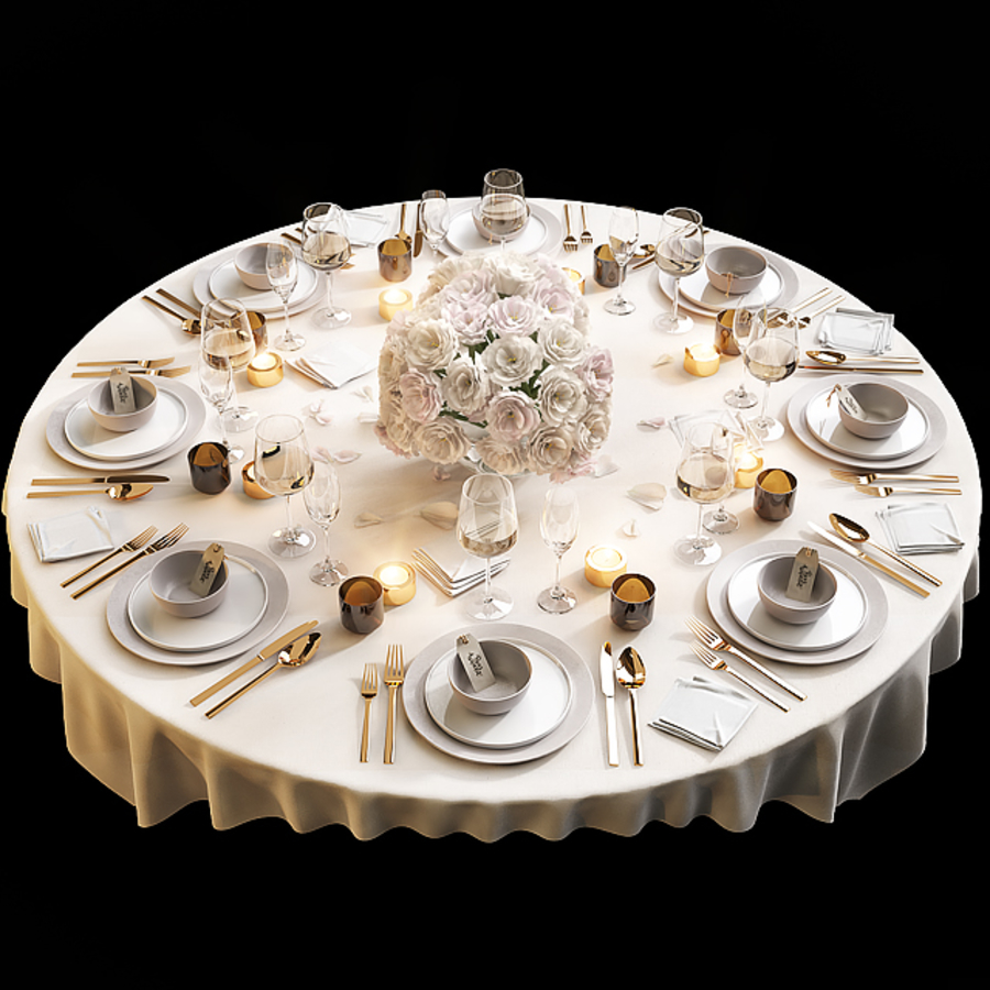 Table setting 11圆形餐桌桌布，餐具团花玫瑰花3d模型下载