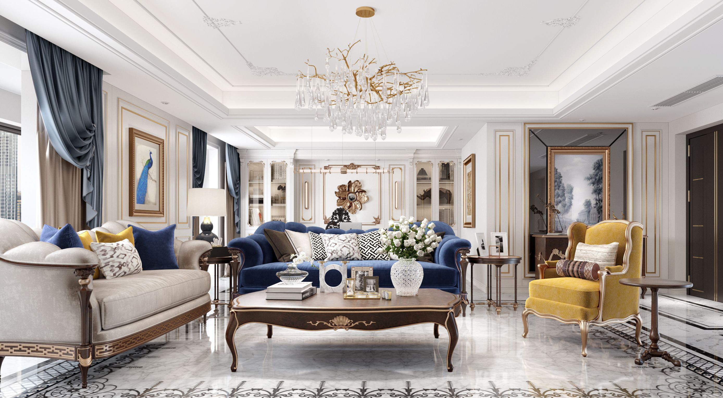 法式欧式美式客厅，沙发茶几单人高靠背沙发3d模型下载