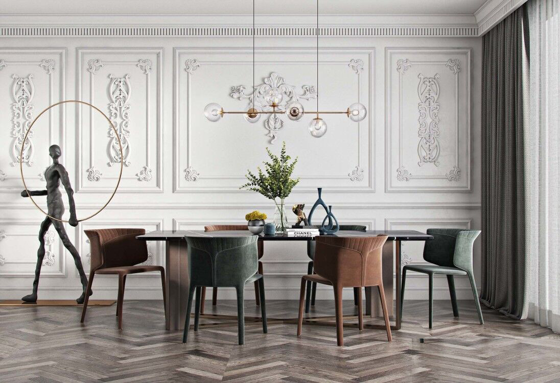 轻奢欧式法式雕花护墙板线条，餐厅，餐桌椅3d模型下载