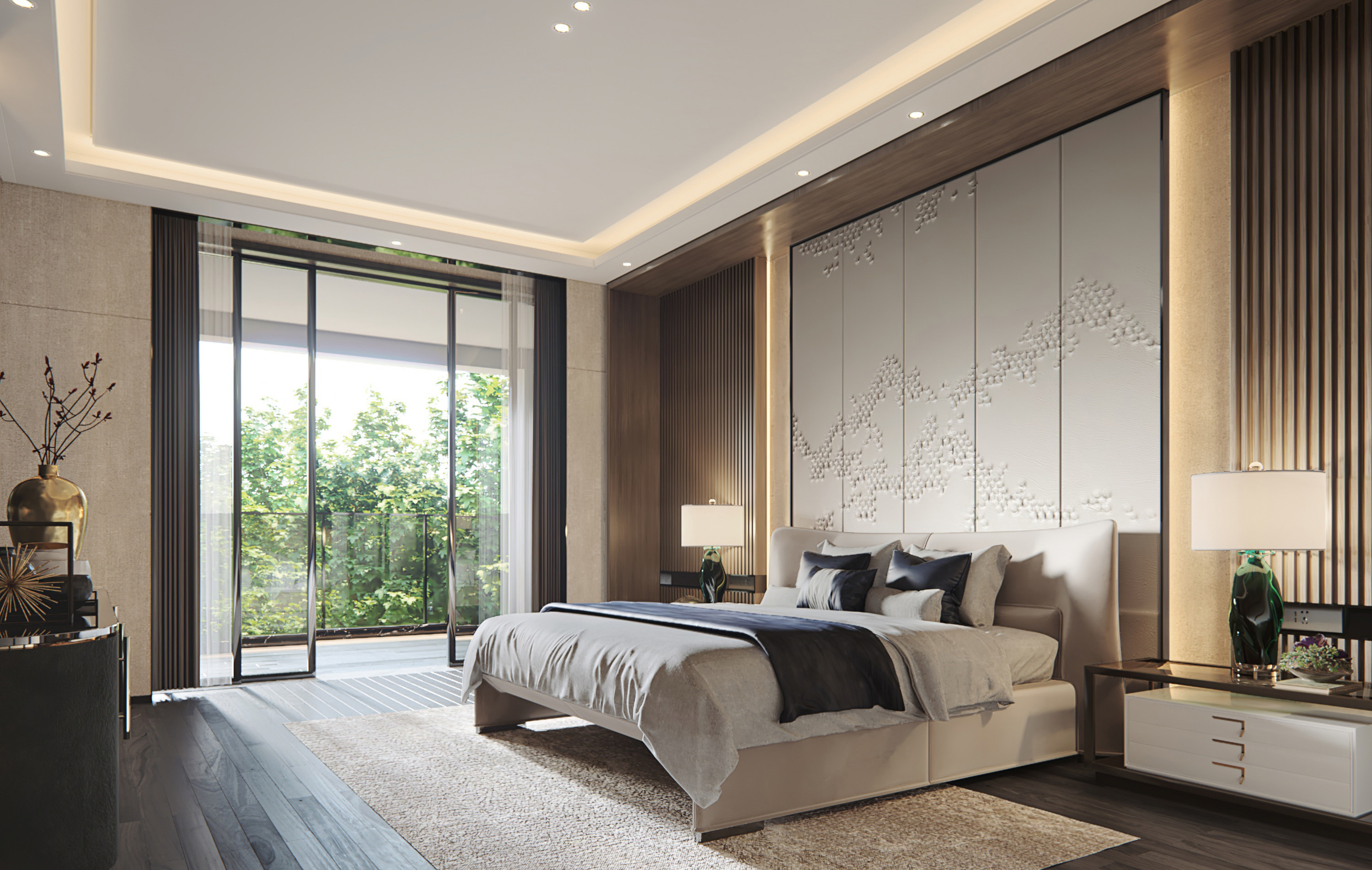 新中式酒店客房，双人床卧室，床头柜3d模型下载