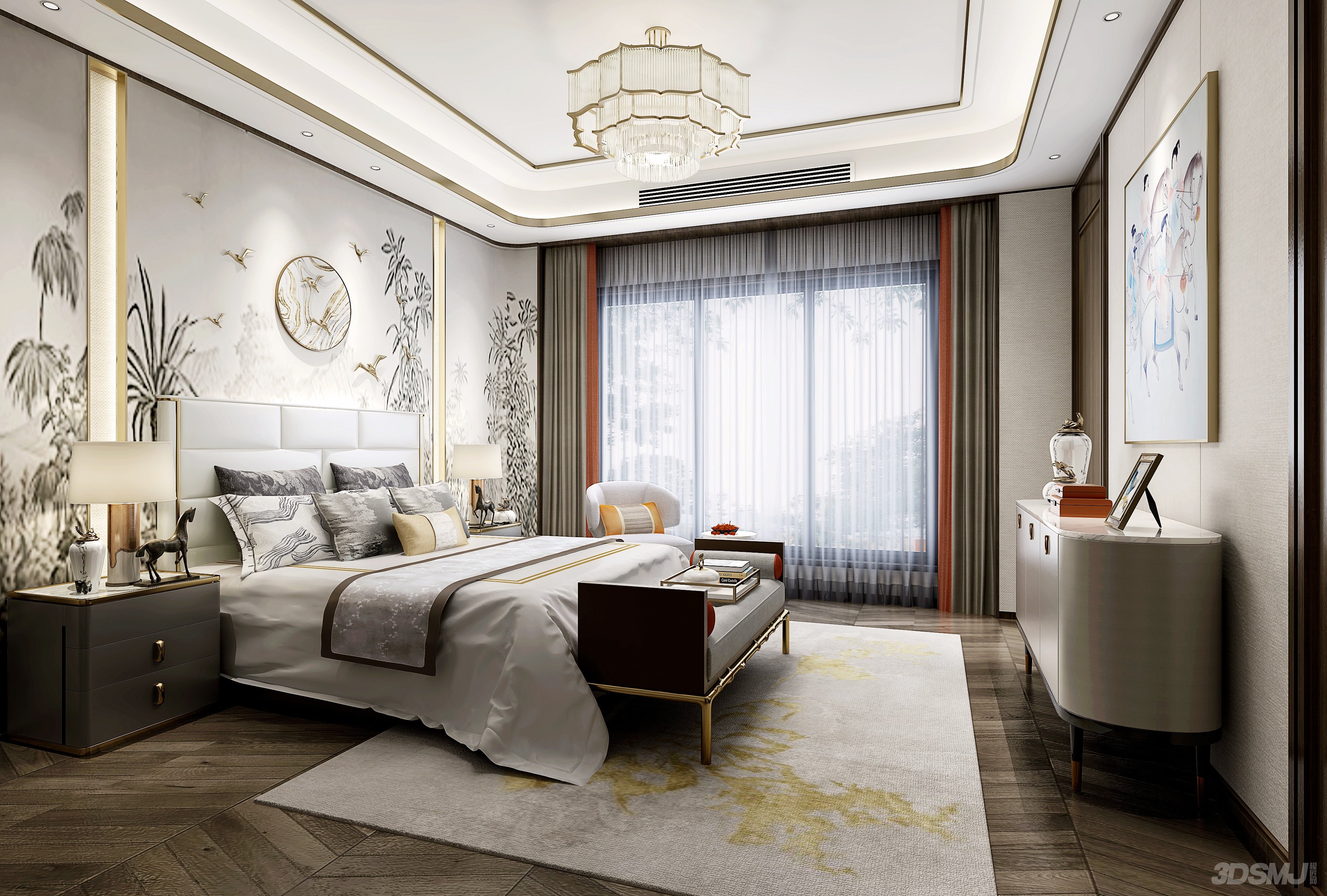 新中式卧室,双人床3d模型下载