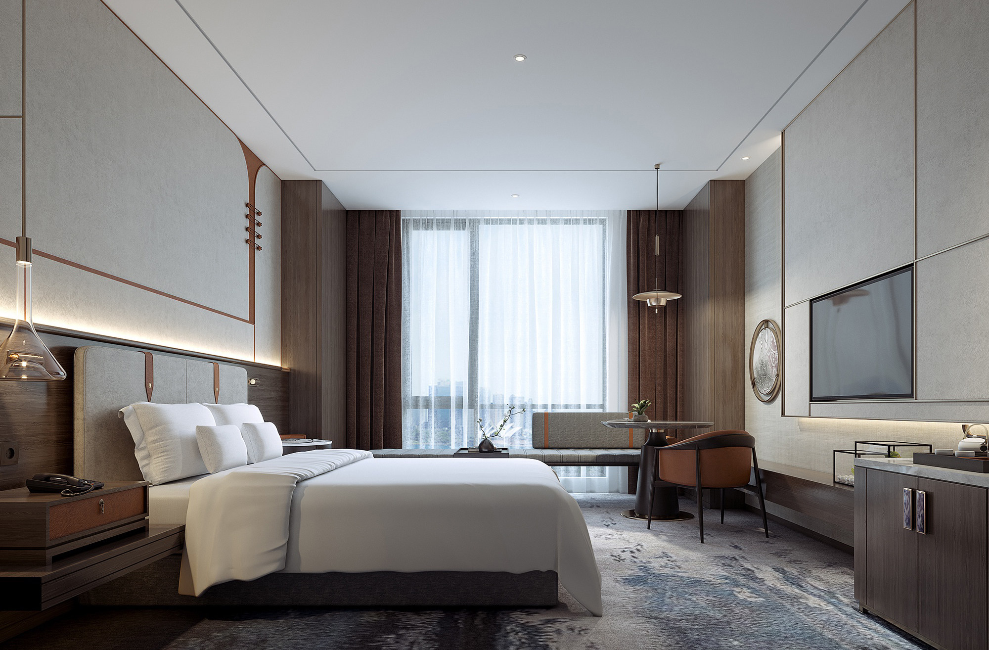 新中式酒店客房，双人床卧室3d模型下载