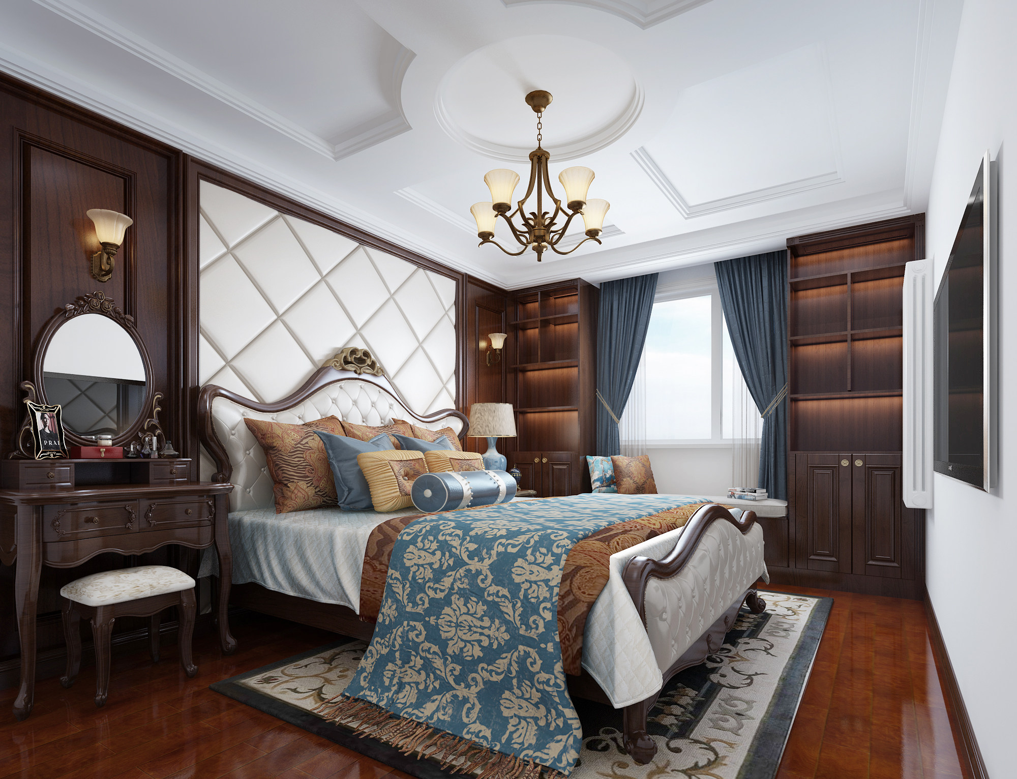 美式欧式法式卧室，双人床梳妆台3d模型下载