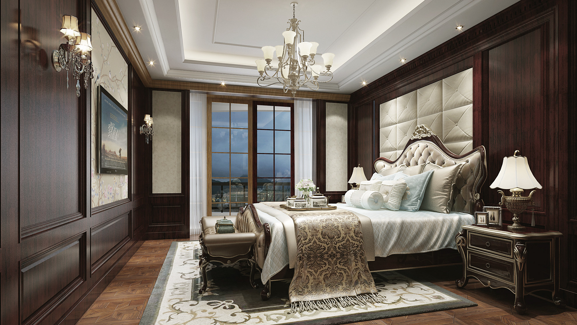 美式欧式古典卧室，双人床床头柜3d模型下载