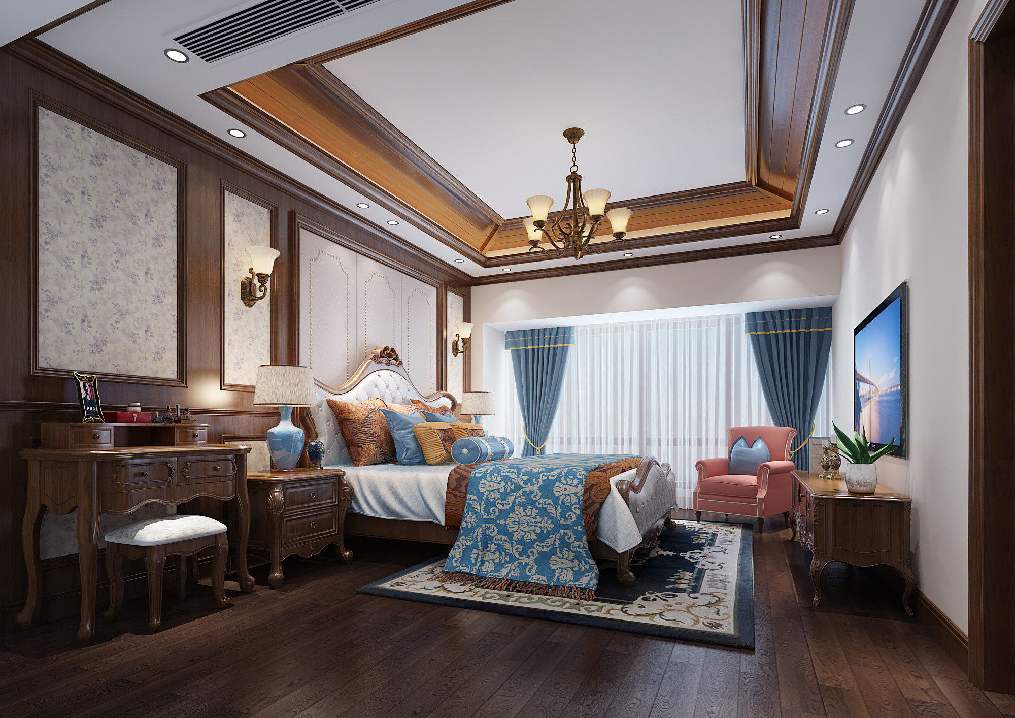 美式欧式卧室，雕花双人床，床头柜，梳妆台3d模型下载