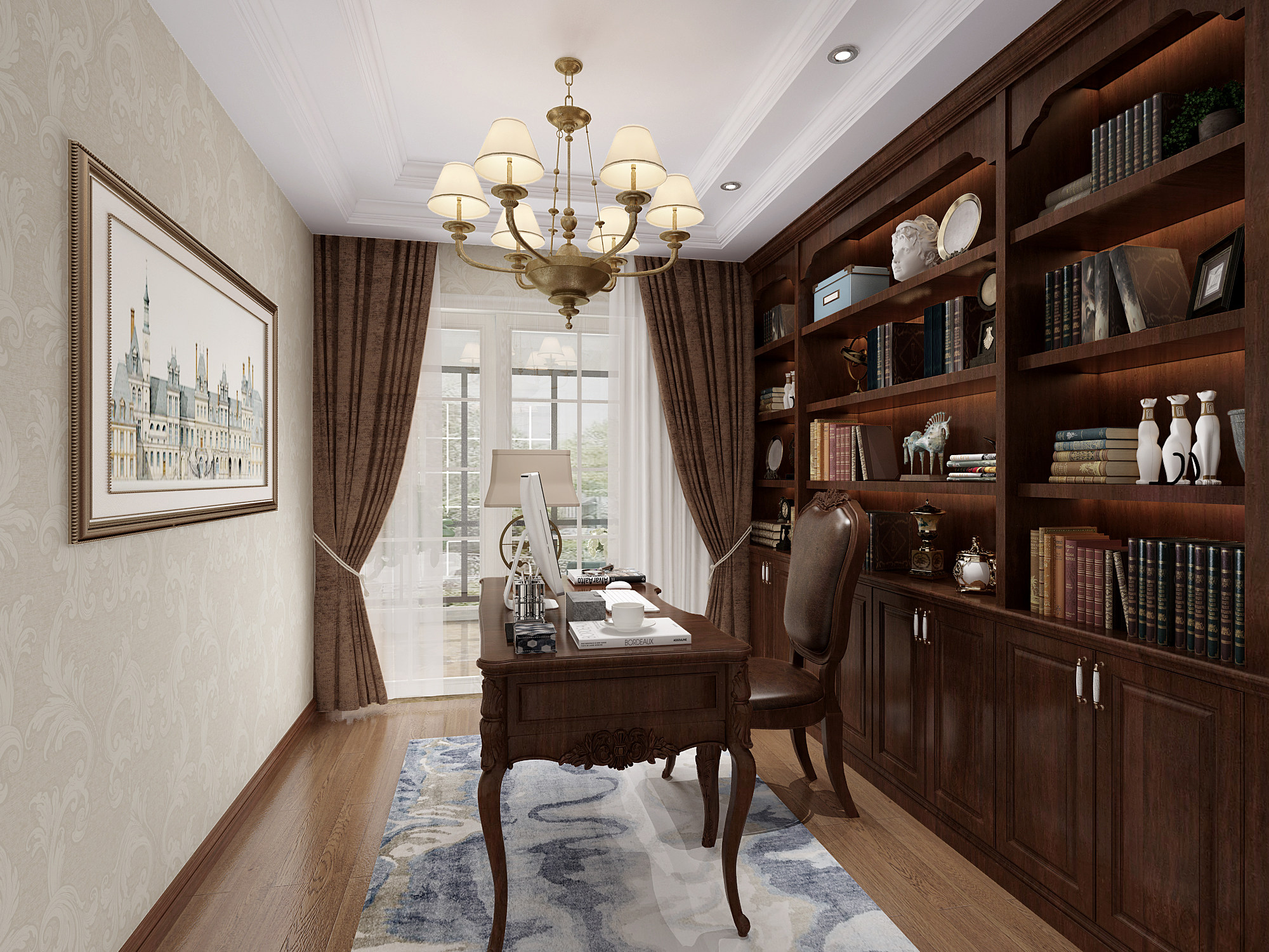美式欧式书房，书柜书桌椅3d模型下载