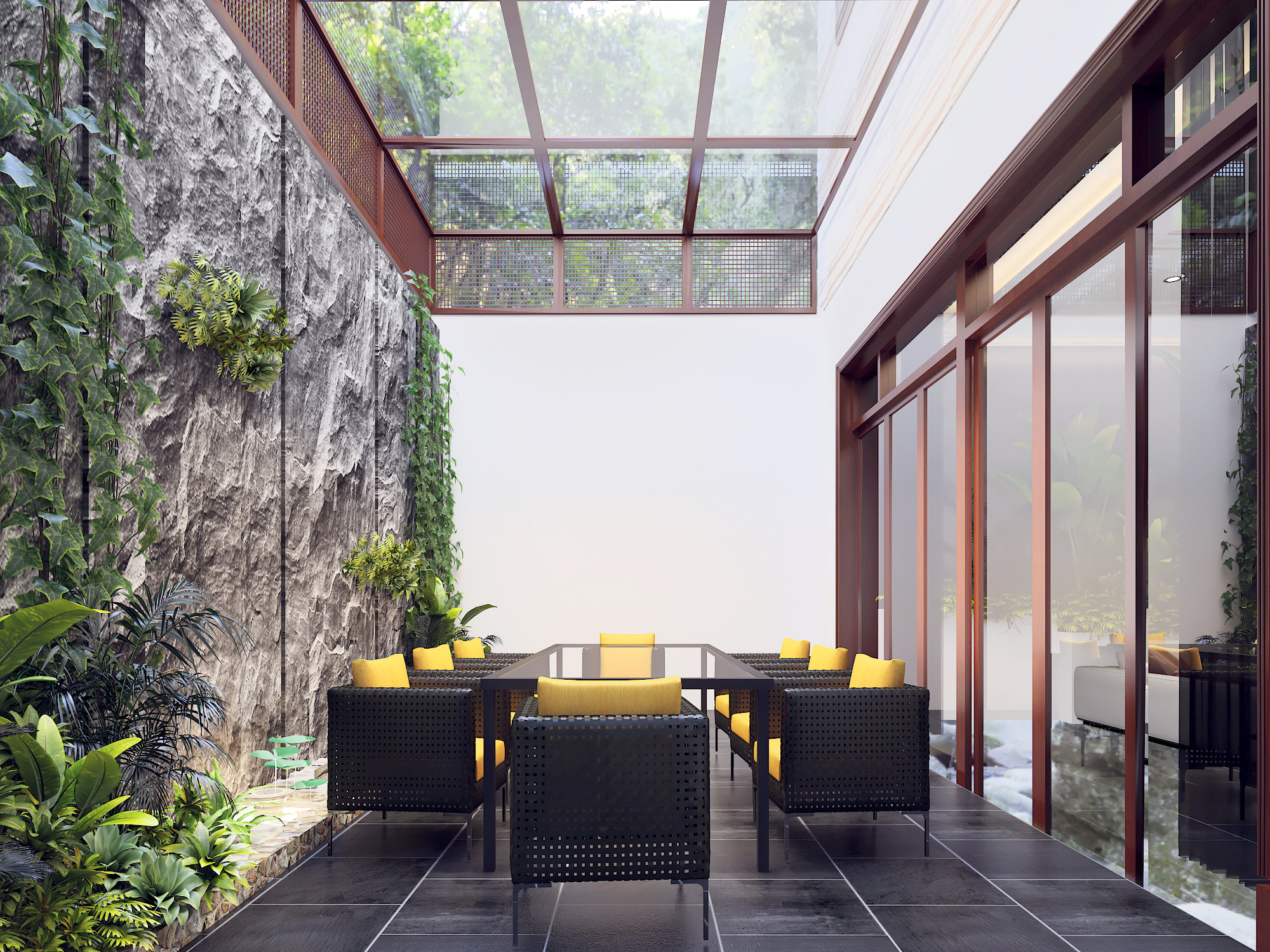 下沉花园，阳台，户外藤编，编织餐桌椅，藤蔓绿植植物爬山虎3d模型下载