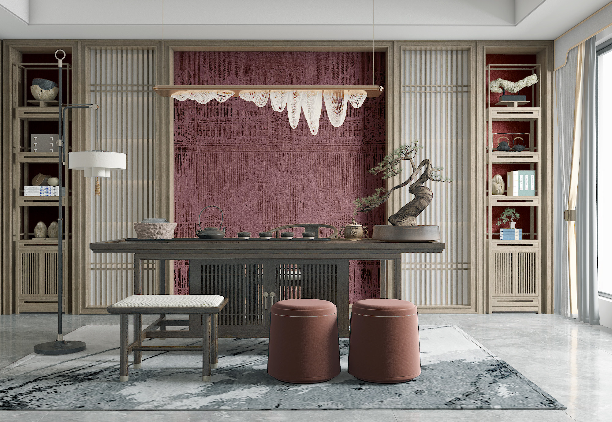 新中式茶室，茶桌椅，书房书柜吊灯3d模型下载
