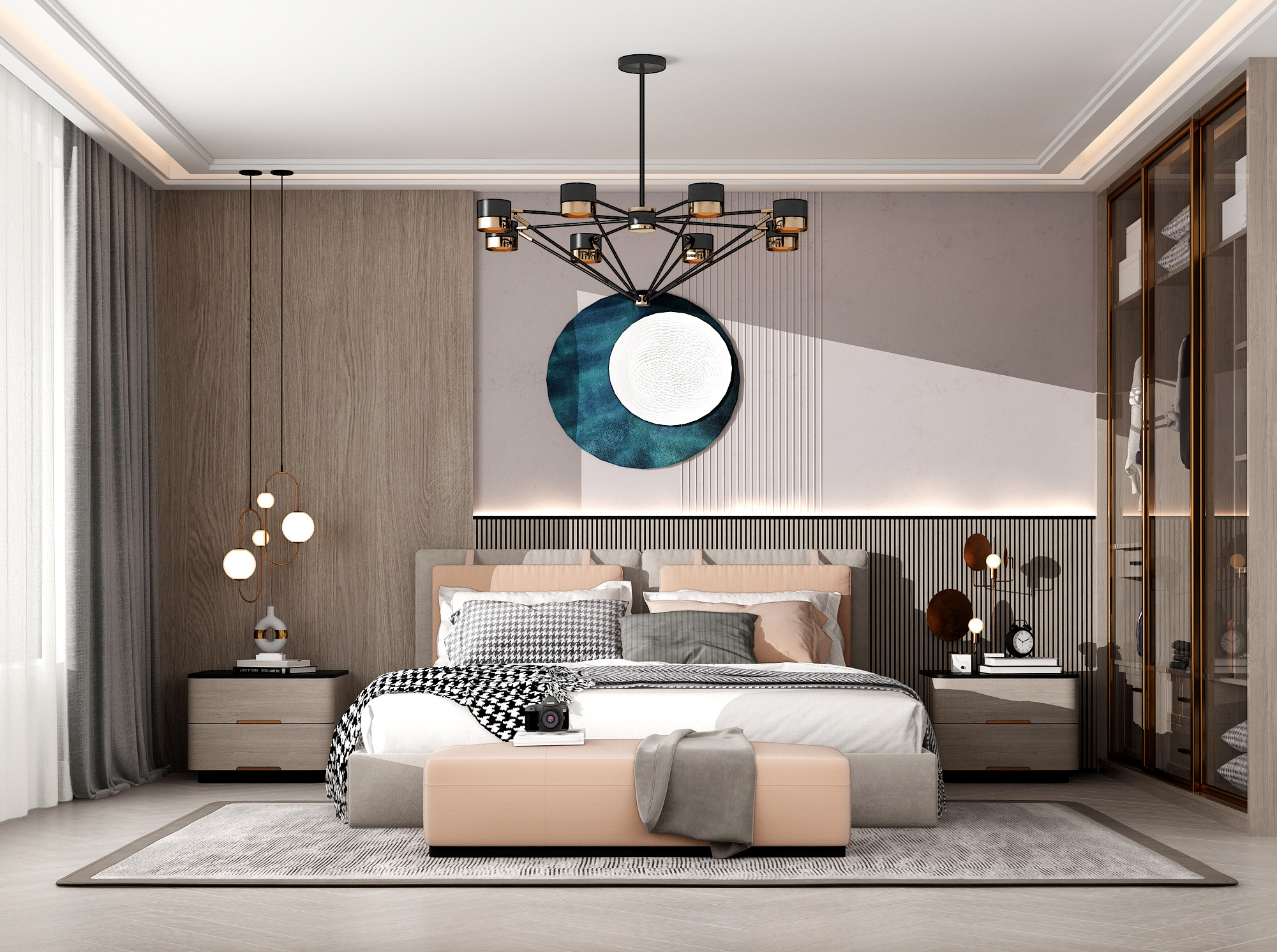 现代卧室，双人床床头柜，衣柜3d模型下载