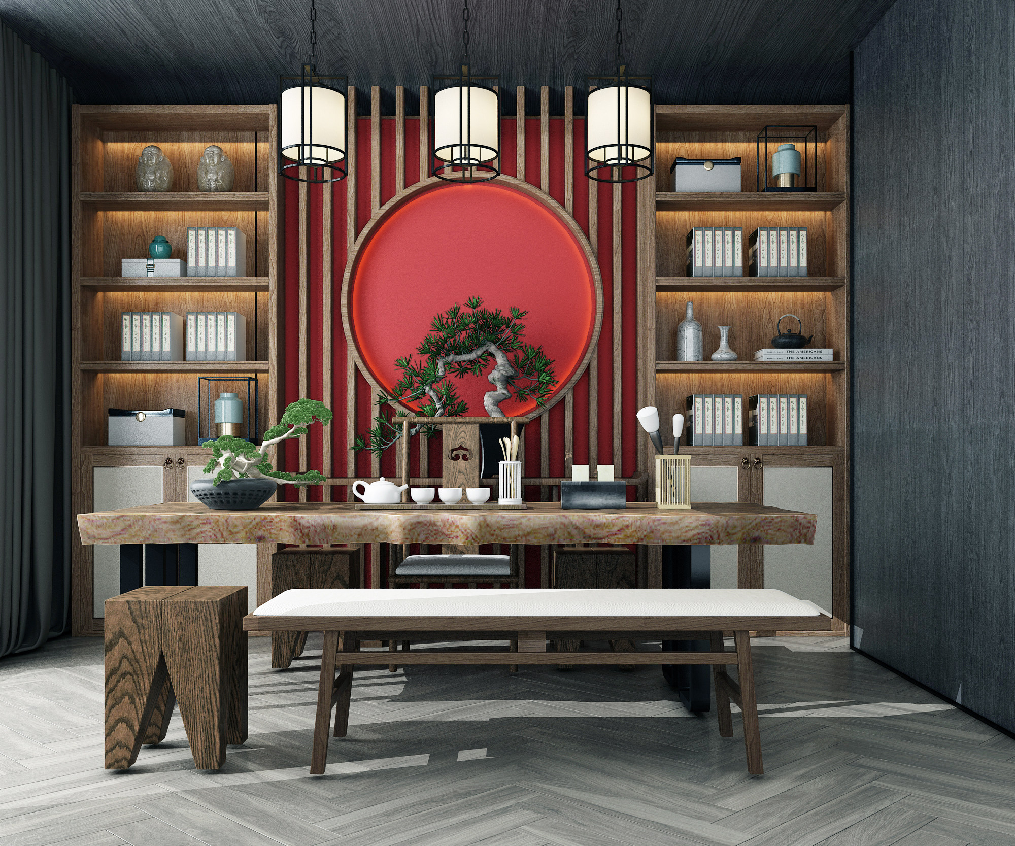 新中式实木原木大板茶桌椅 3d模型下载