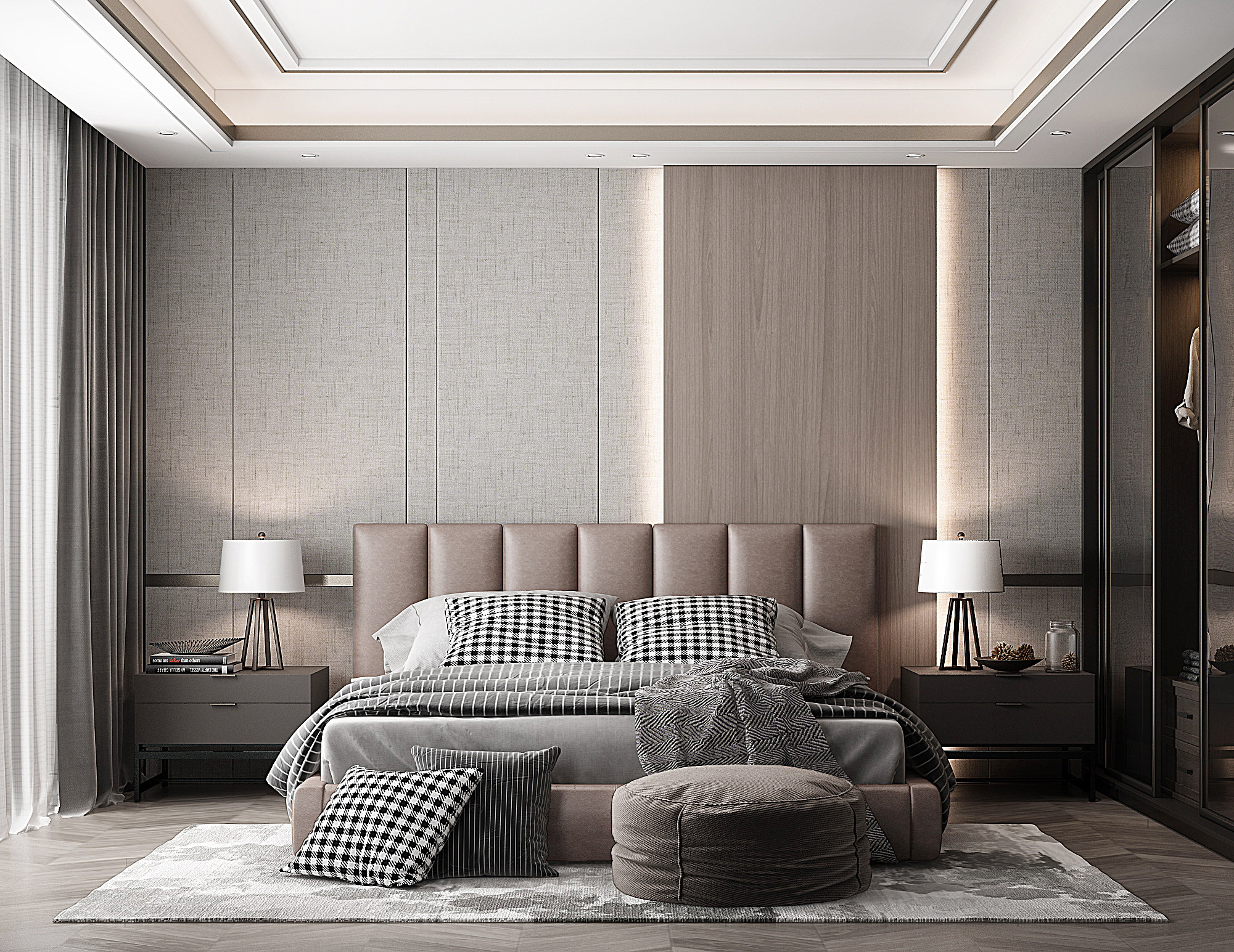 现代轻奢卧室，皮革软包双人床床头柜3d模型下载