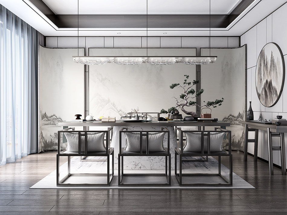 新中式茶室茶桌椅，边柜摆台3d模型下载