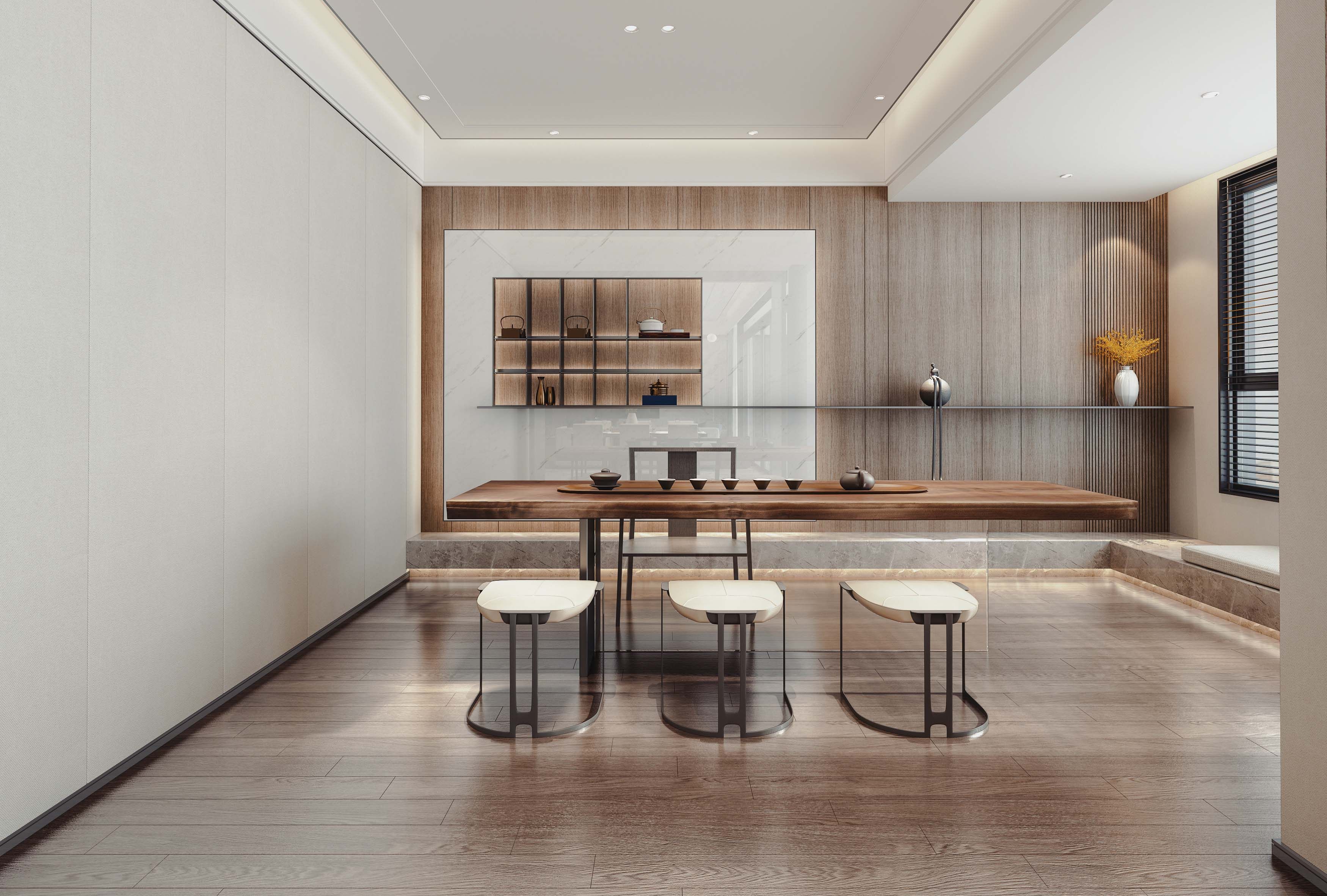 新中式茶室茶桌椅，茶台，茶具3d模型下载