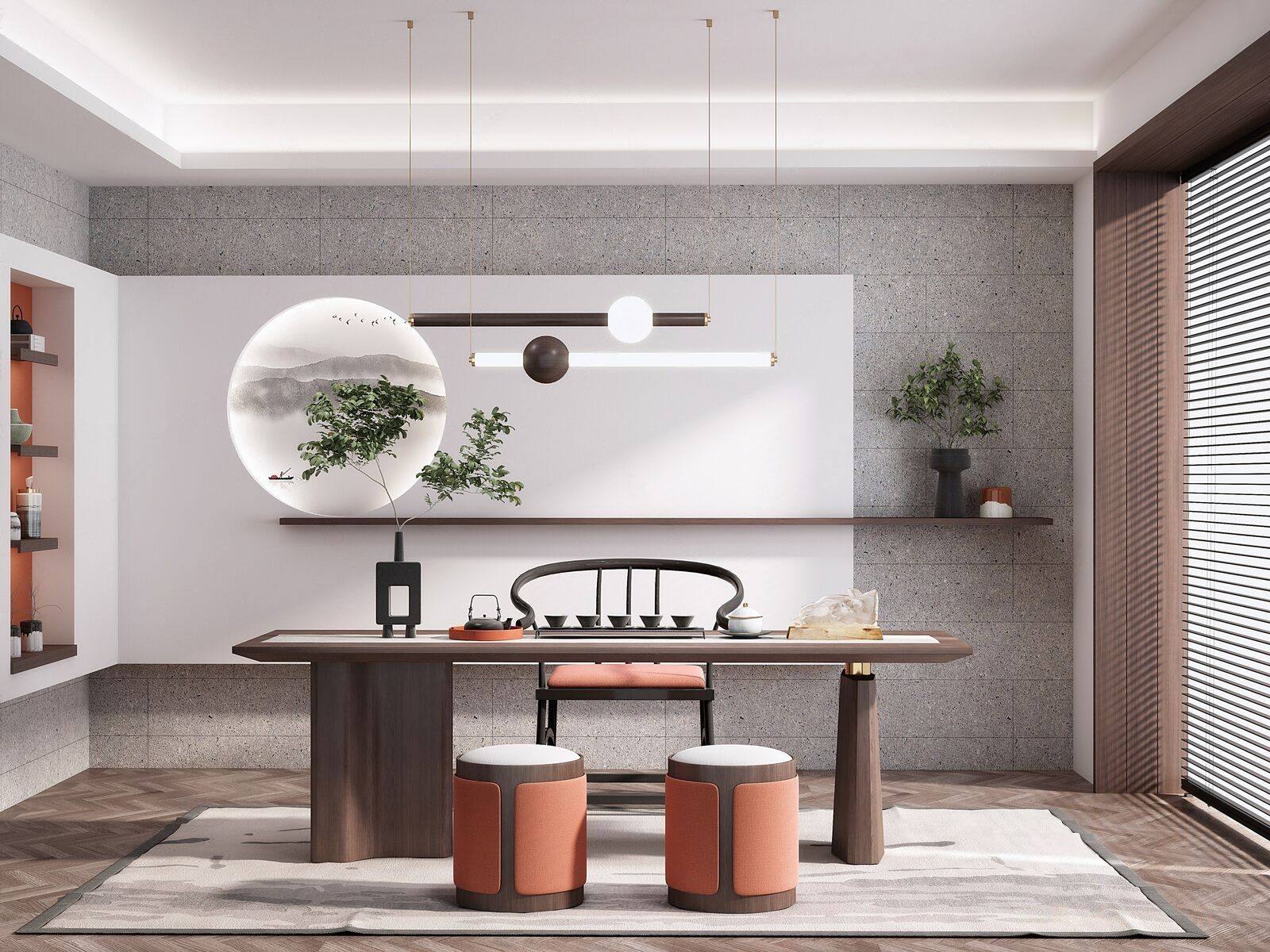 新中式茶室，书房茶桌椅，茶具，地毯3d模型下载