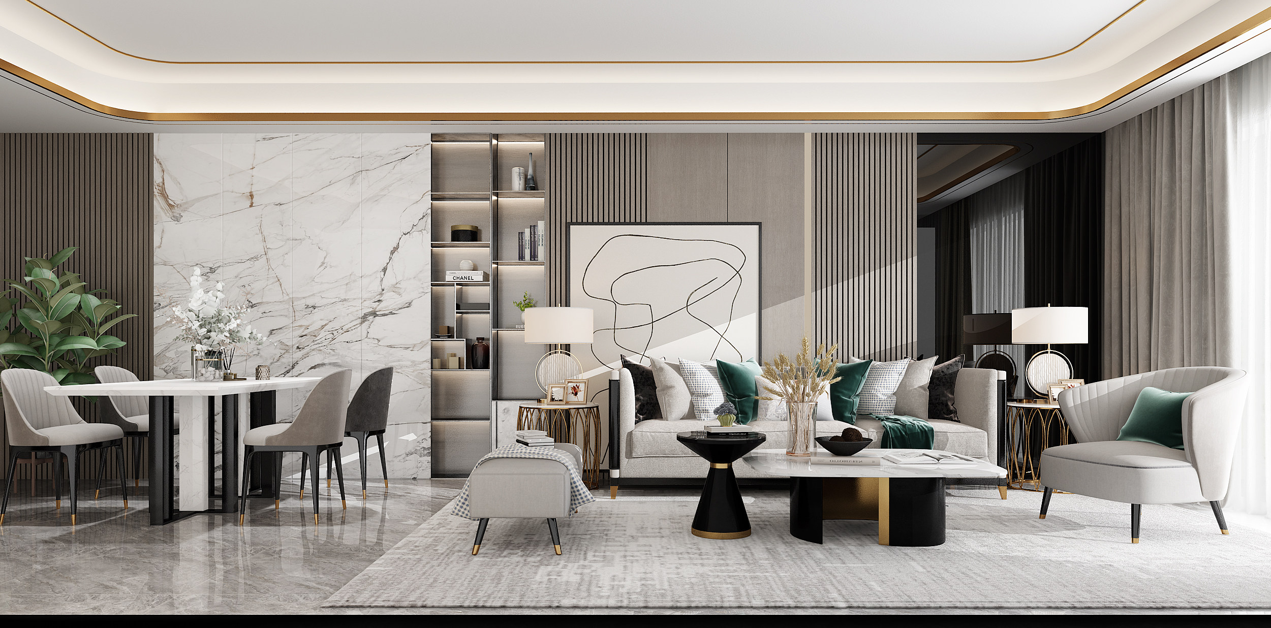 轻奢新中式简欧式客厅餐厅，沙发茶几，餐桌椅，3d模型下载