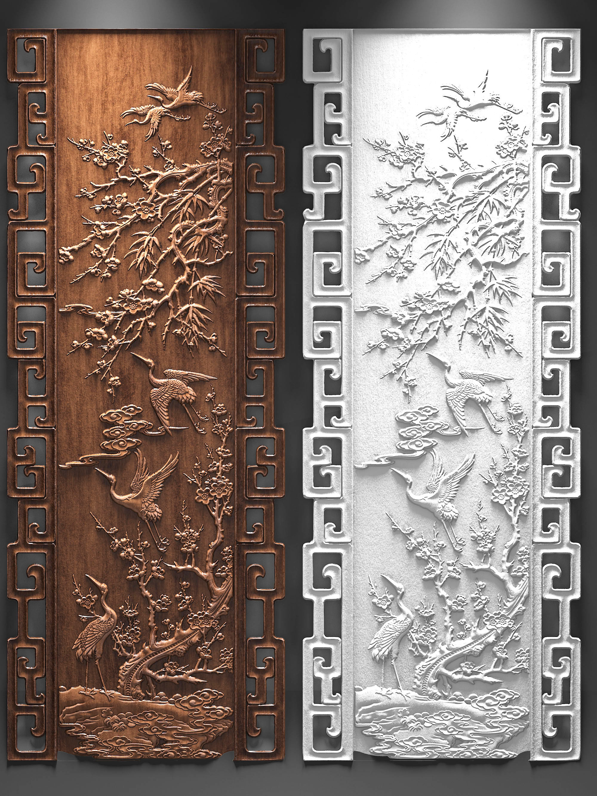 中式花鸟仙鹤，梅花实木， 3d模型下载