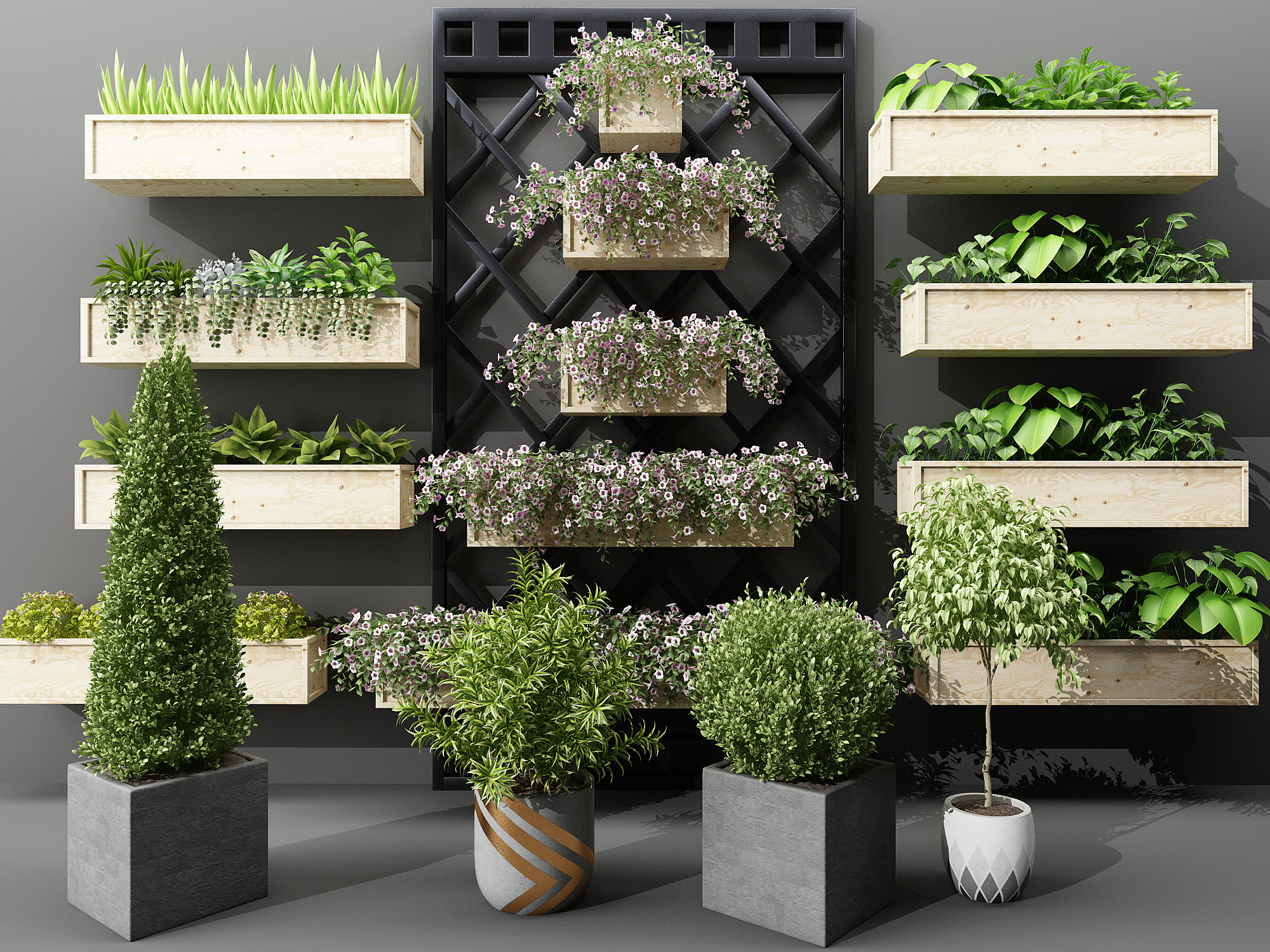 现代户外花槽，盆栽植物，绿植花草盆栽3d模型下载