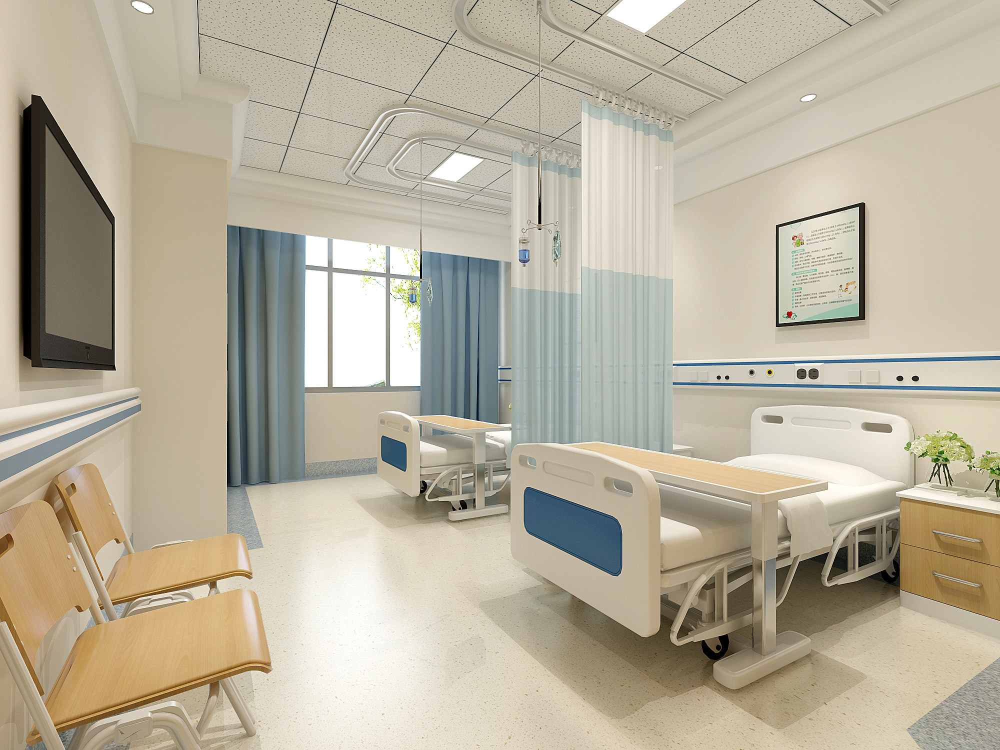 现代医院病房，病床等候座椅3d模型下载