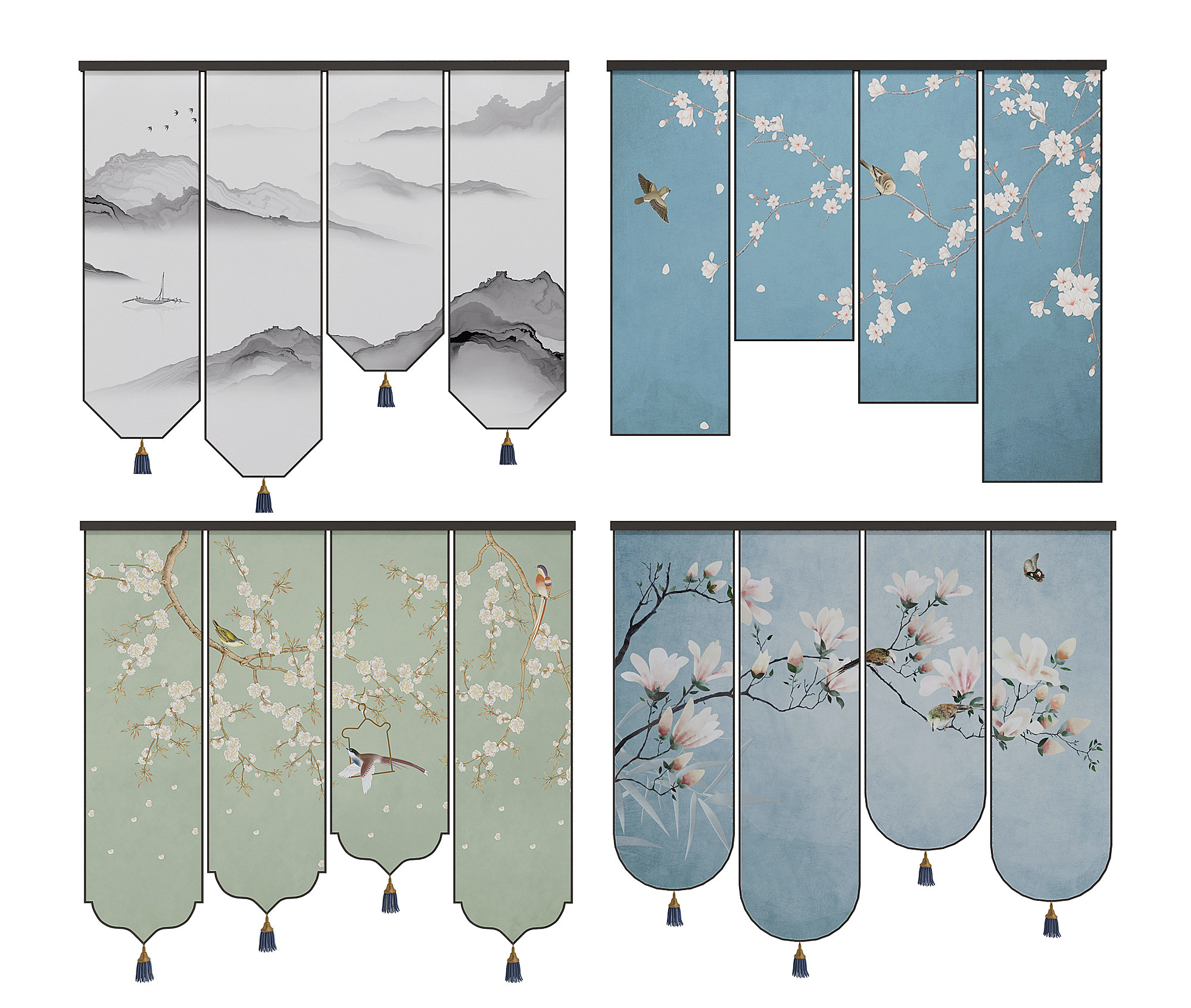 新中式布艺窗帘，卷帘3d模型下载