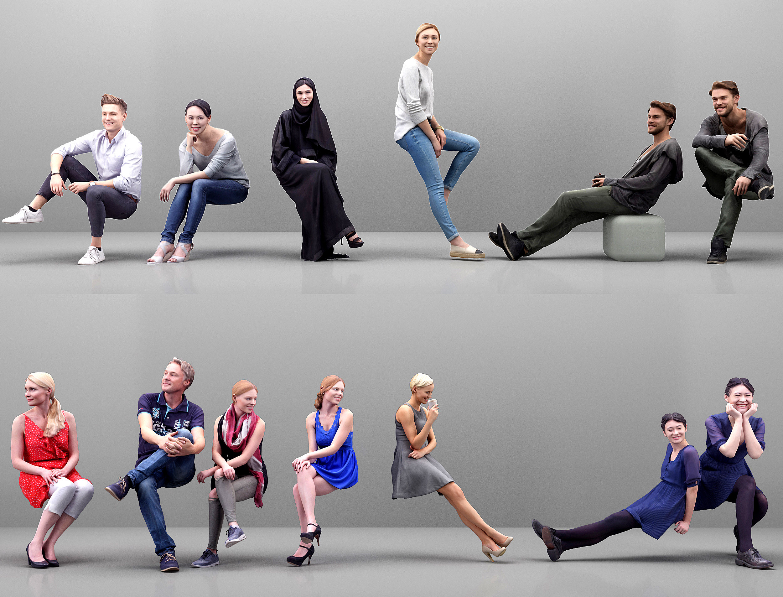 现代坐姿青年男女人物，坐着的人物美女3d模型下载