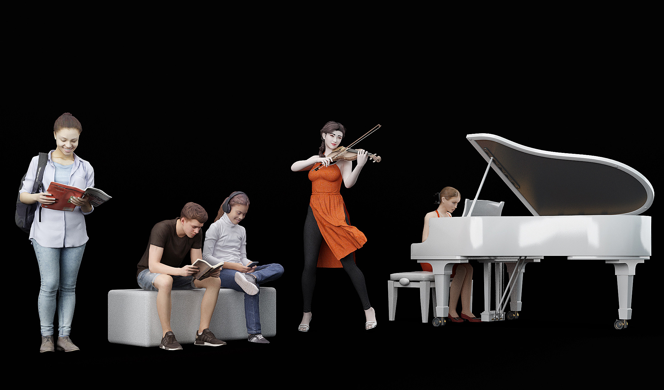 现代看书弹钢琴坐着人物3d模型下载