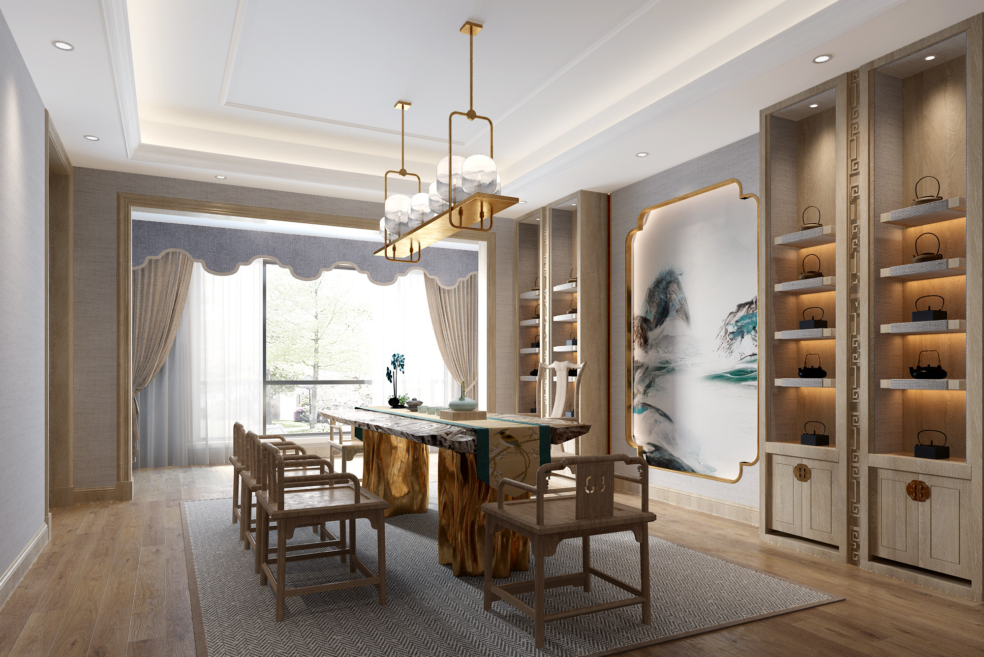 新中式茶室，书房茶桌椅吊灯书柜3d模型下载