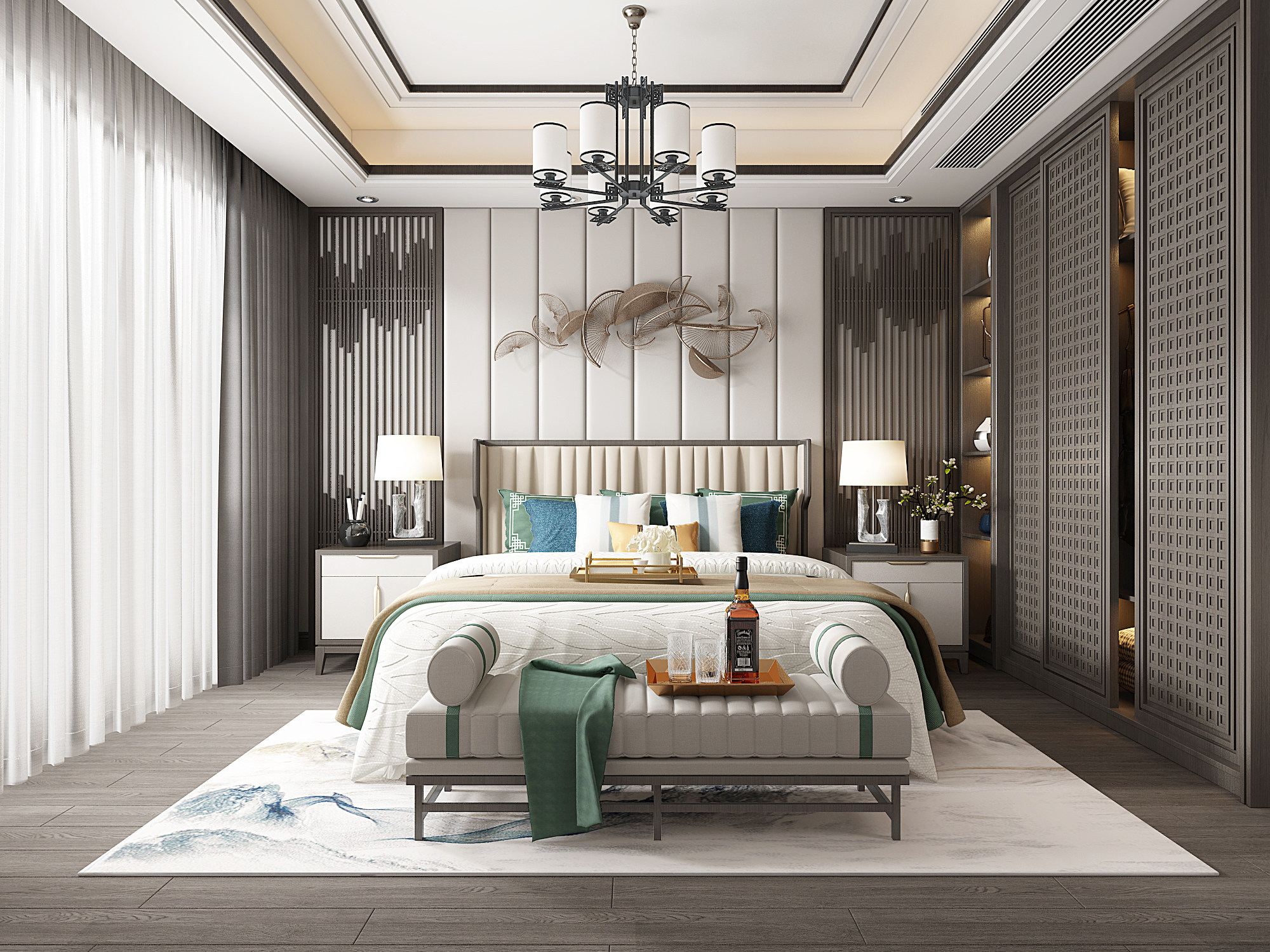 现代卧室，双人床，床头柜床尾凳榻3d模型下载