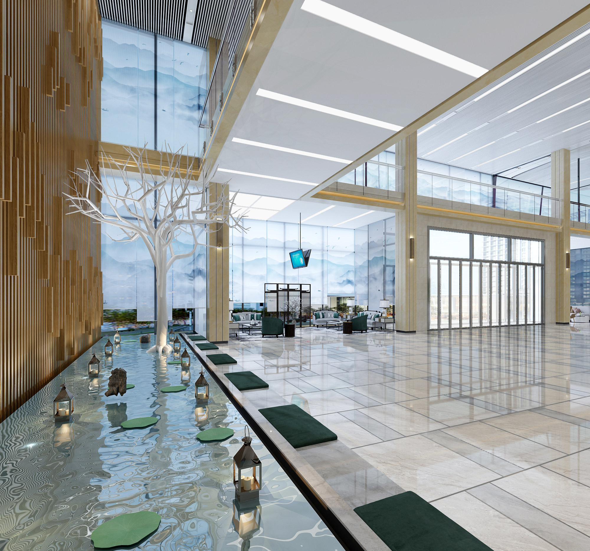 新中式办公酒店会所大堂大厅 3d模型下载