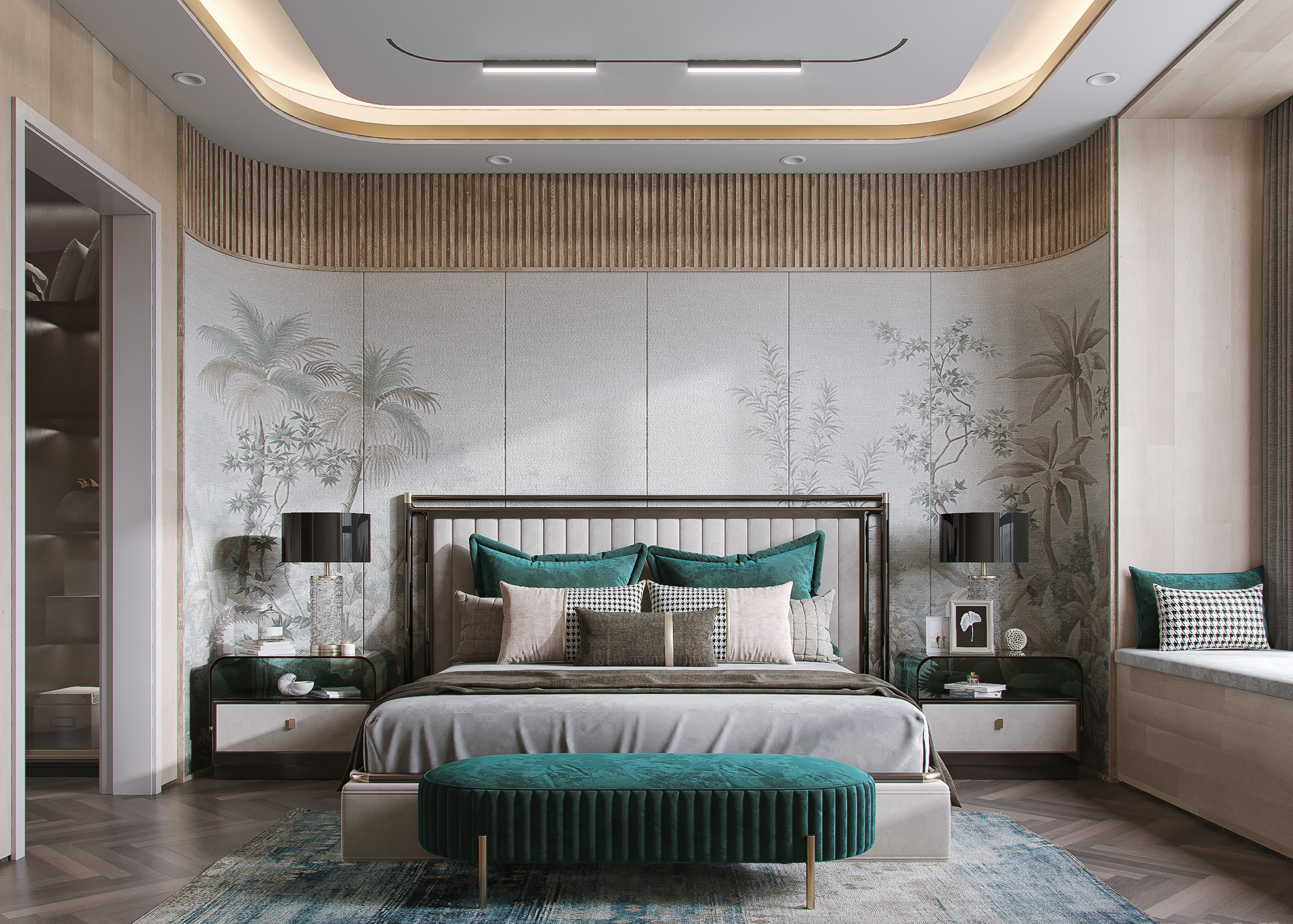 新中式现代简欧式卧室双人床，床头柜，3d模型下载