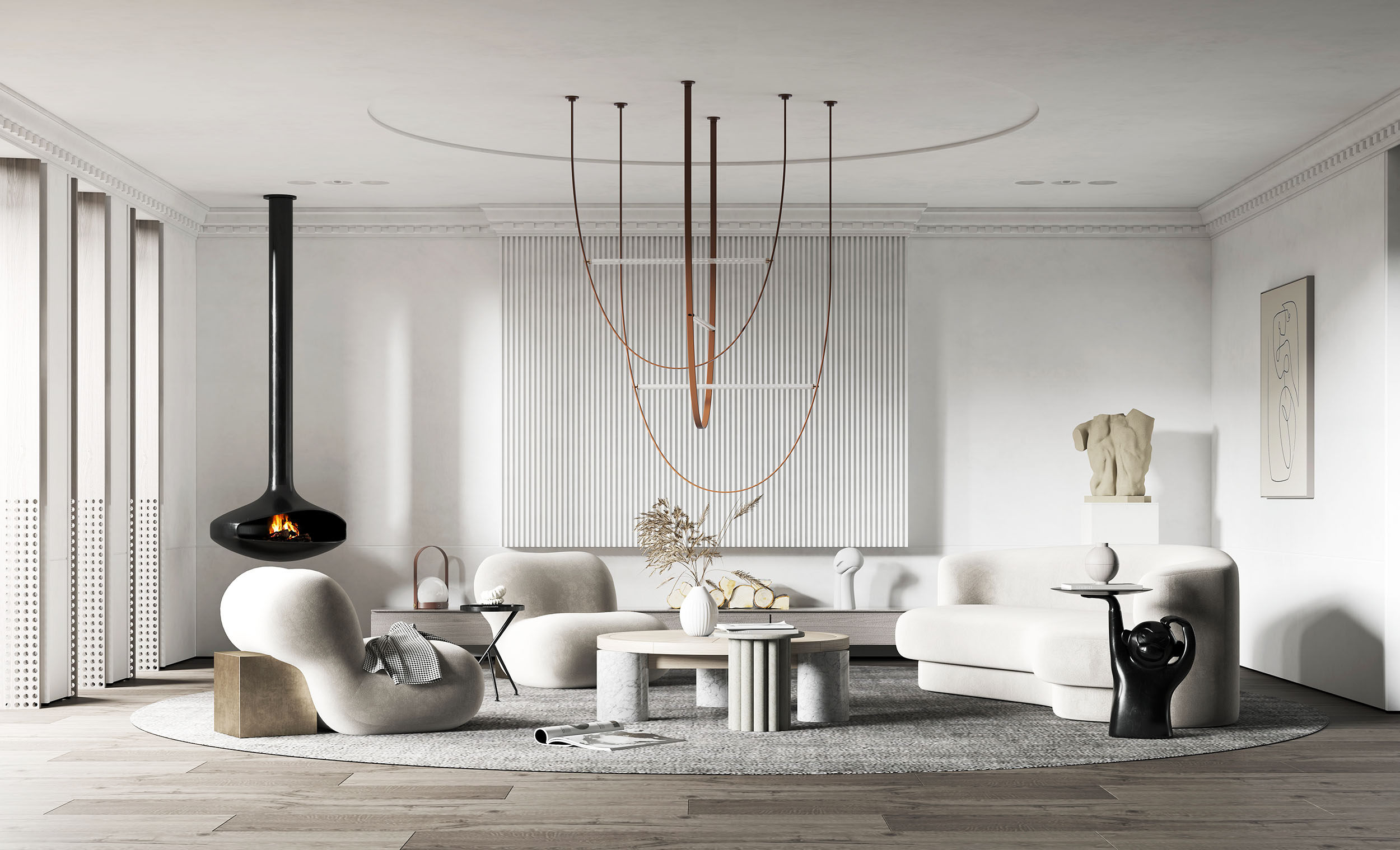 现代客厅，异形弧形沙发，单人沙发，雕塑边几茶几3d模型下载