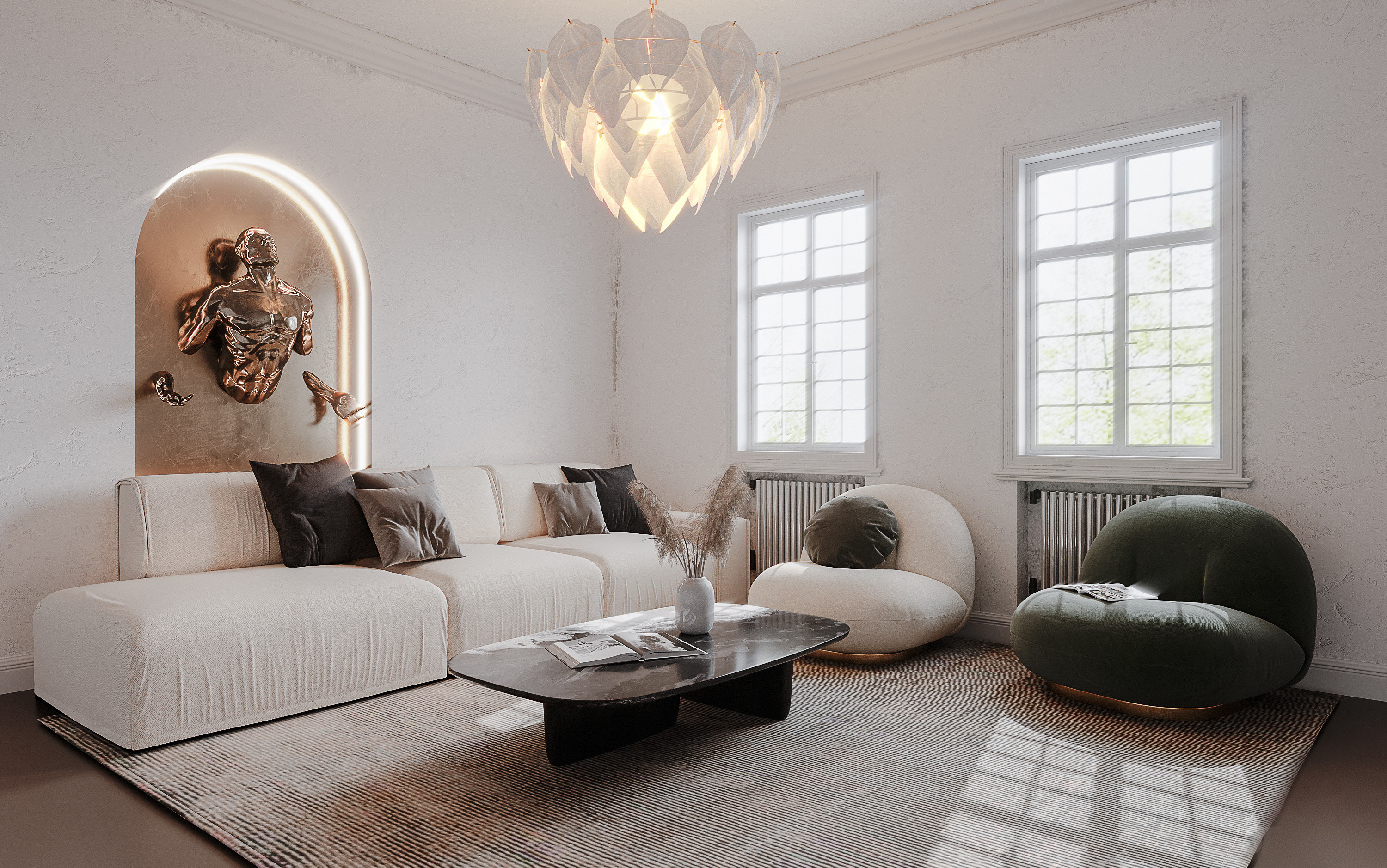 现代客厅木沙发，单人沙发抽象人物墙面雕塑，树叶吊灯3d模型下载
