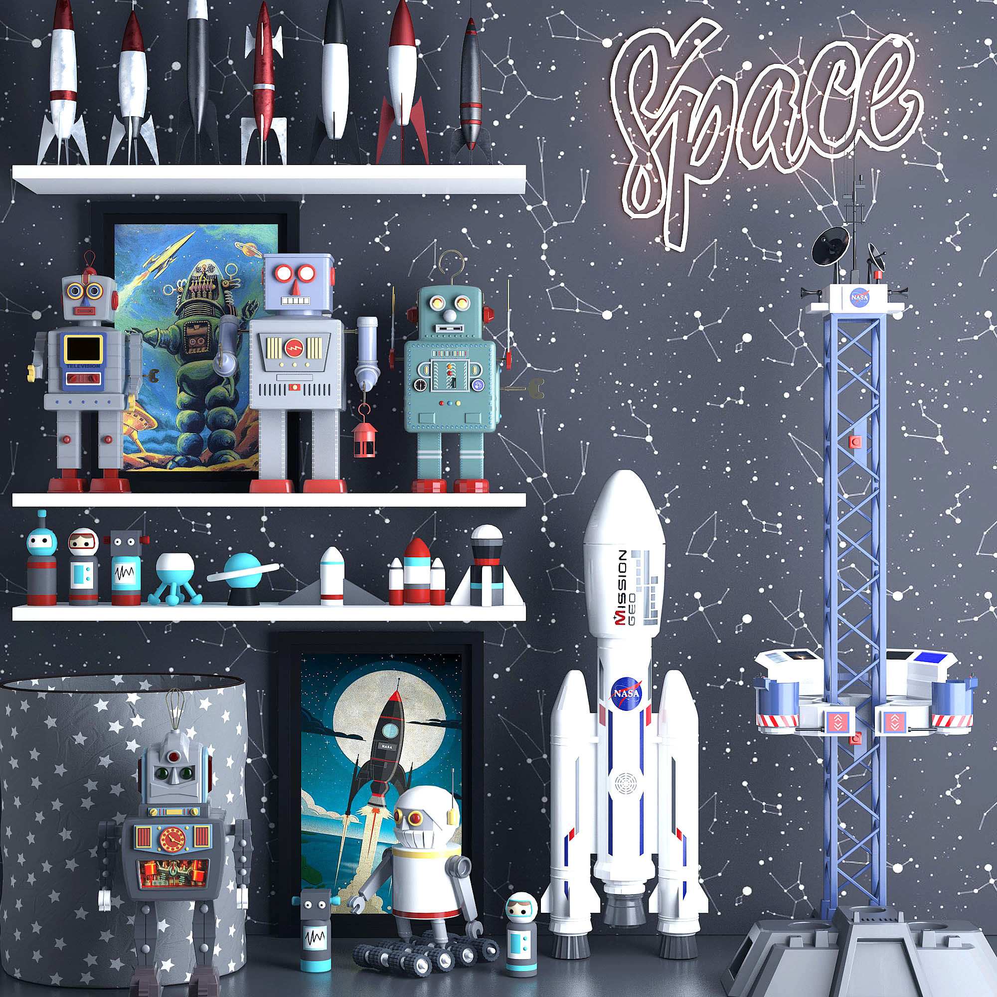 火箭机器人儿童玩具房摆件，卫星发射塔3d模型下载