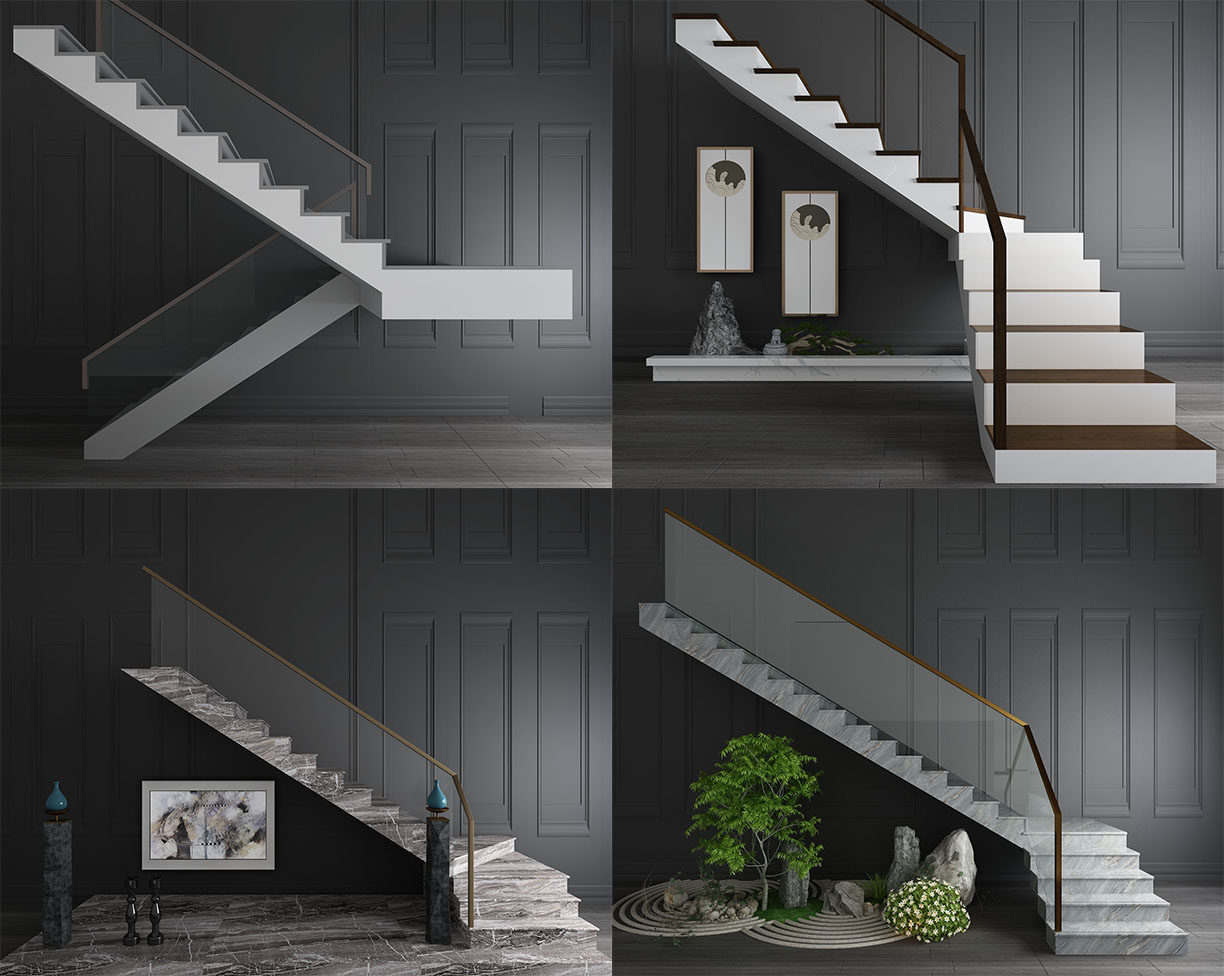 新中式楼梯玻璃扶手栏杆现代楼梯盆栽盆景装饰画组合3d模型下载