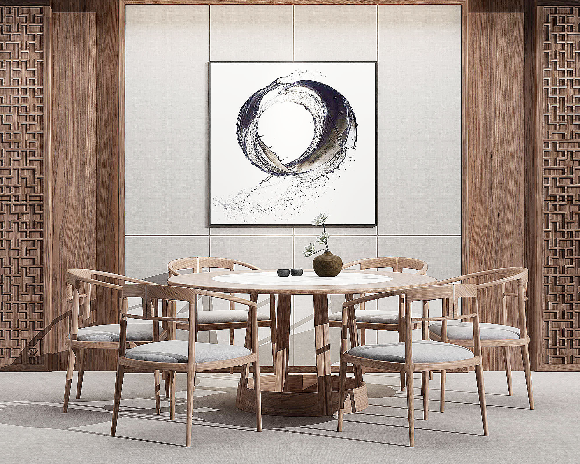 新中式餐桌椅，实木圆形餐桌椅3d模型下载